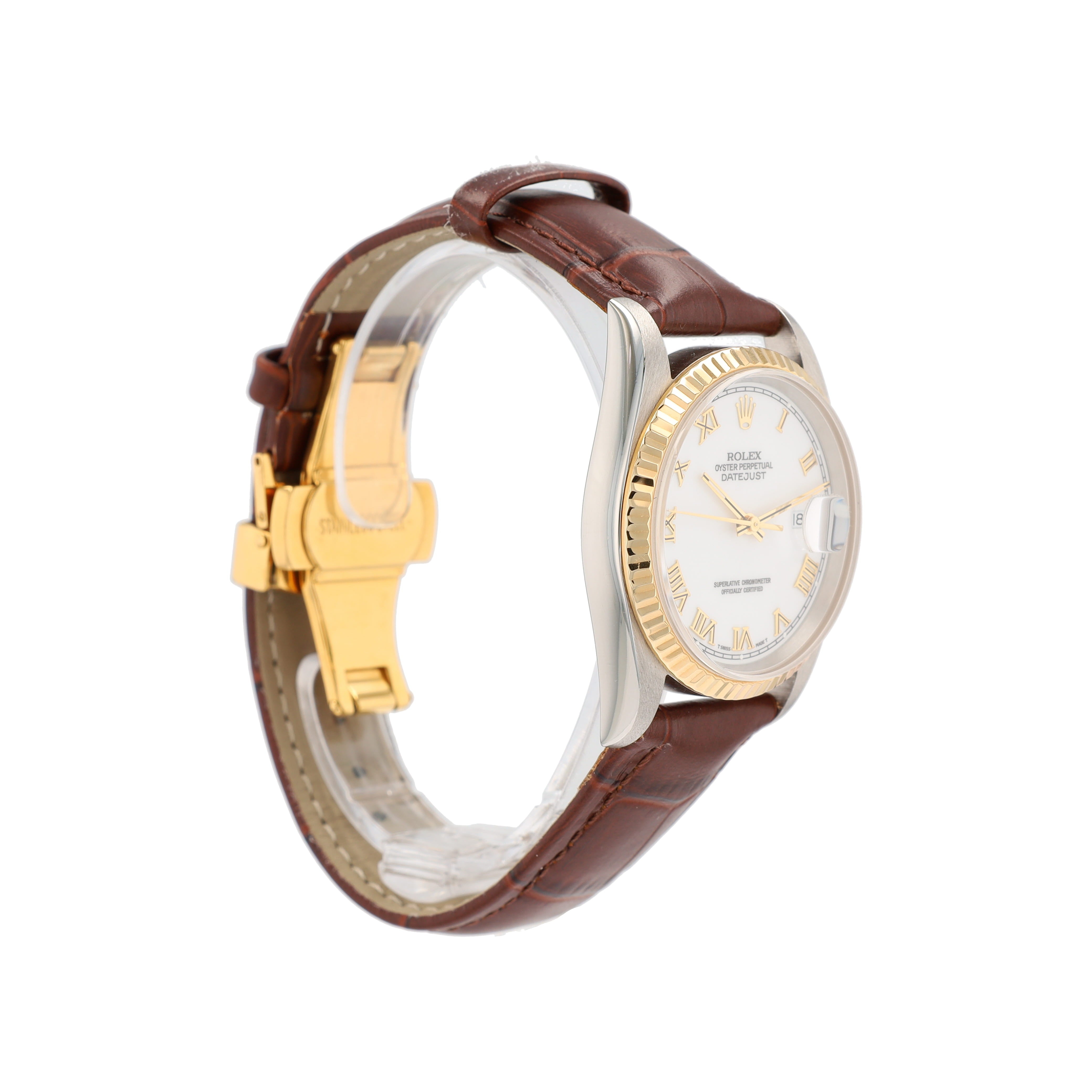 Rolex Datejust 16233 36mm White Roman Numeral Dial Fluted Bezel Brown Band
