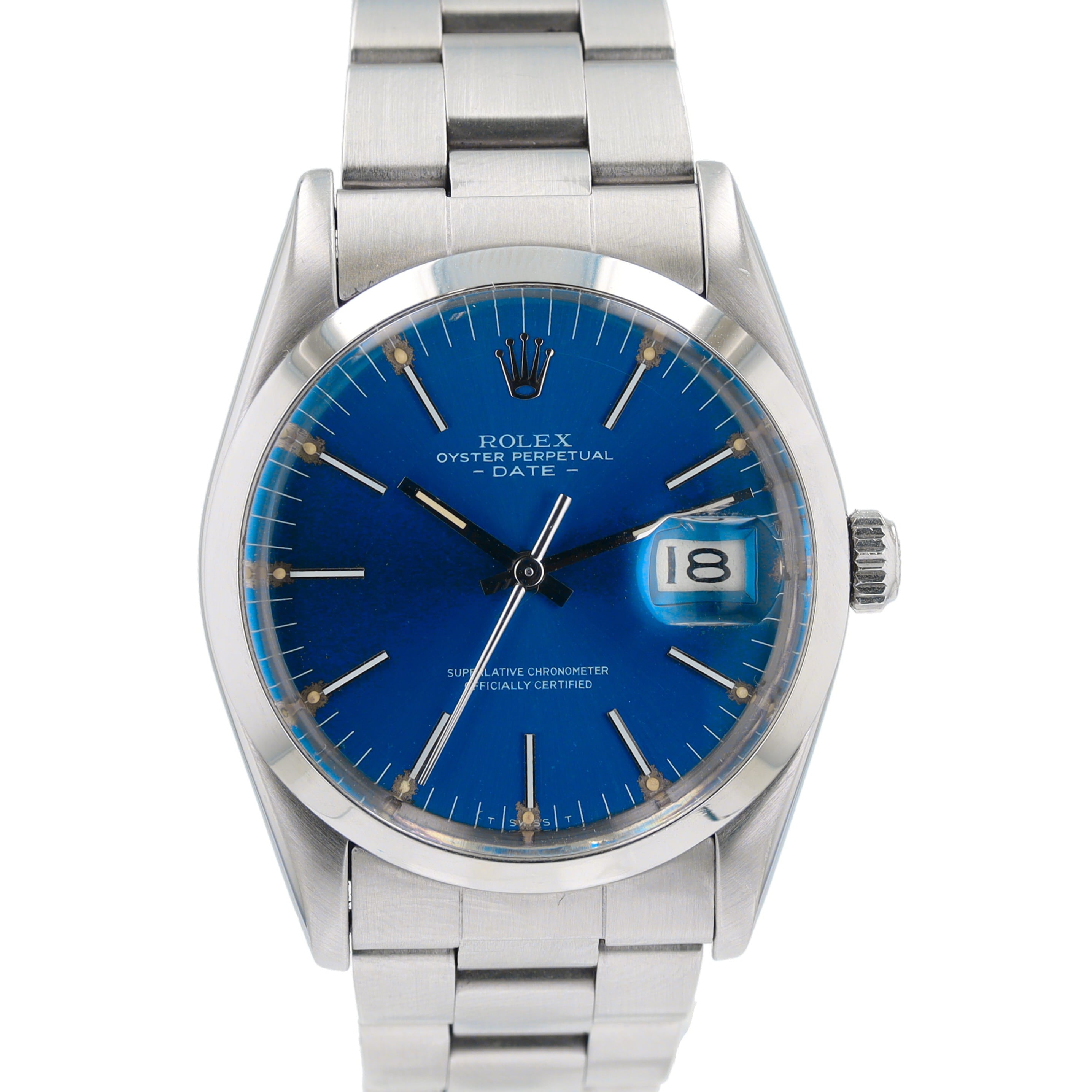 Rolex Date 1500 34mm Blue Violet Index Dial Smooth Bezel Oyster Band - Luxuriant Concierge