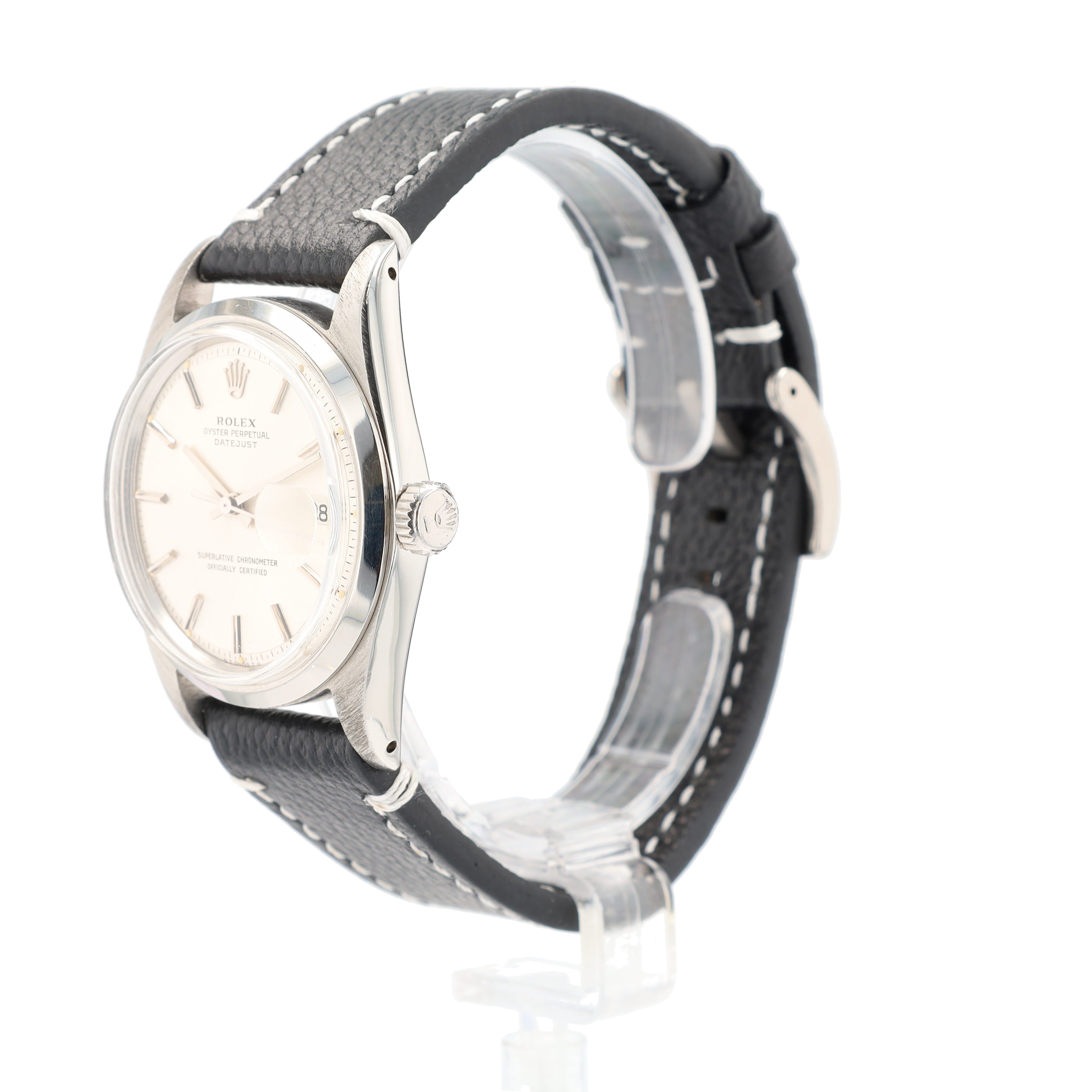 Rolex Datejust 1601 36mm Silver Black-line Index Dial Smooth Bezel AM Black Leather Band - Luxuriant Concierge