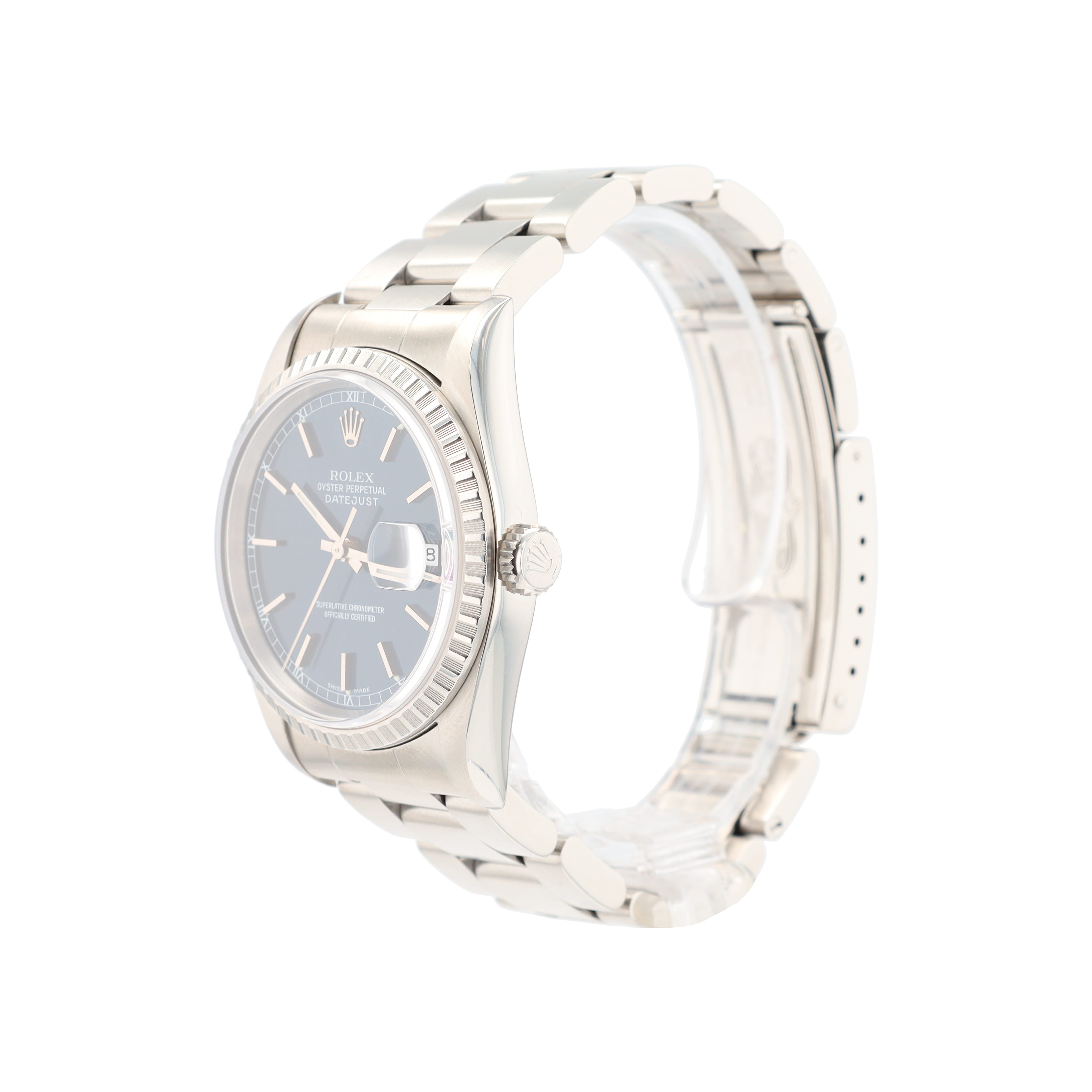 Rolex Datejust 16220 36mm Blue Index w/roman track Dial Engine-Turned Bezel Oyster Band