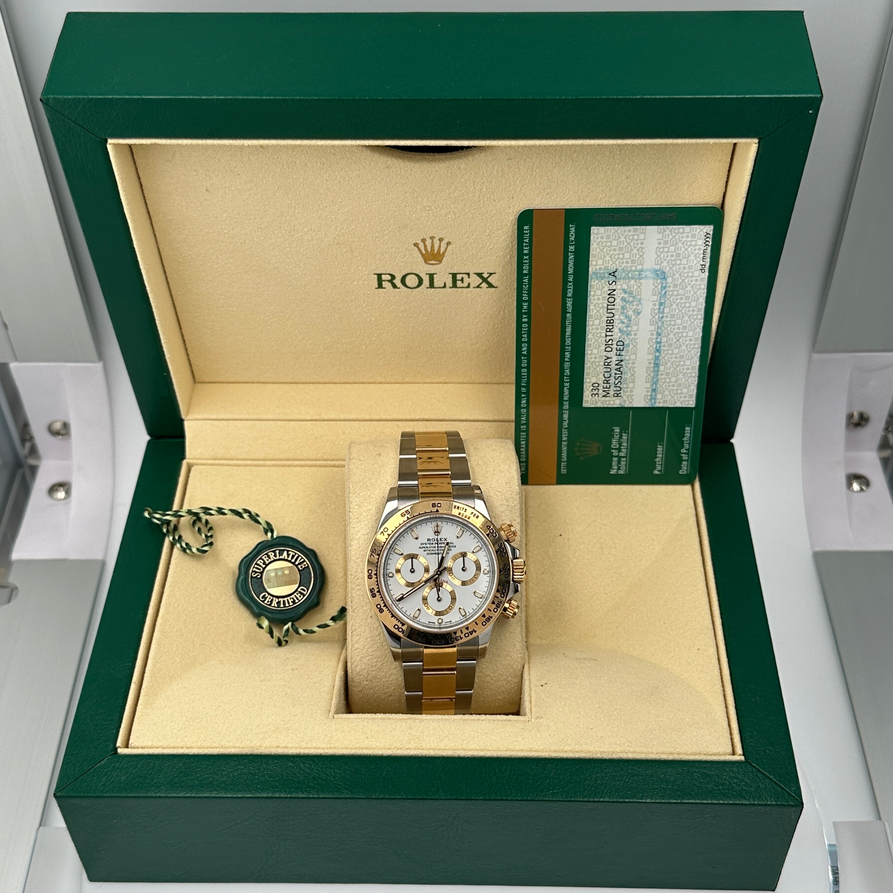 B&P Rolex Daytona 116503 40mm White Chronograph Small Luminous Index Dial Tachymetre Bezel Oyster Band - Luxuriant Concierge