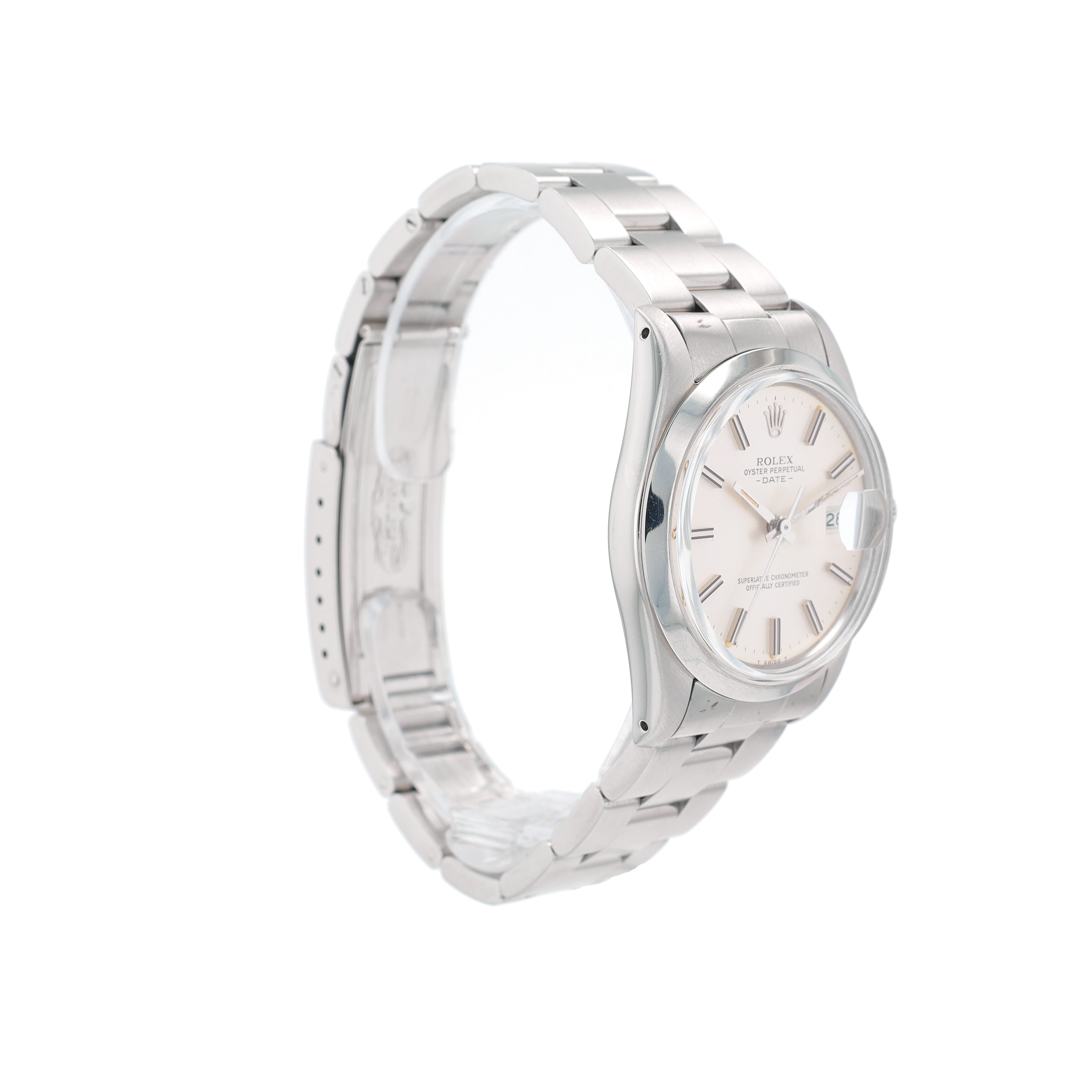 Rolex Date 15000 31mm Silver Fatboy Index Dial Smooth Bezel Oyster Band