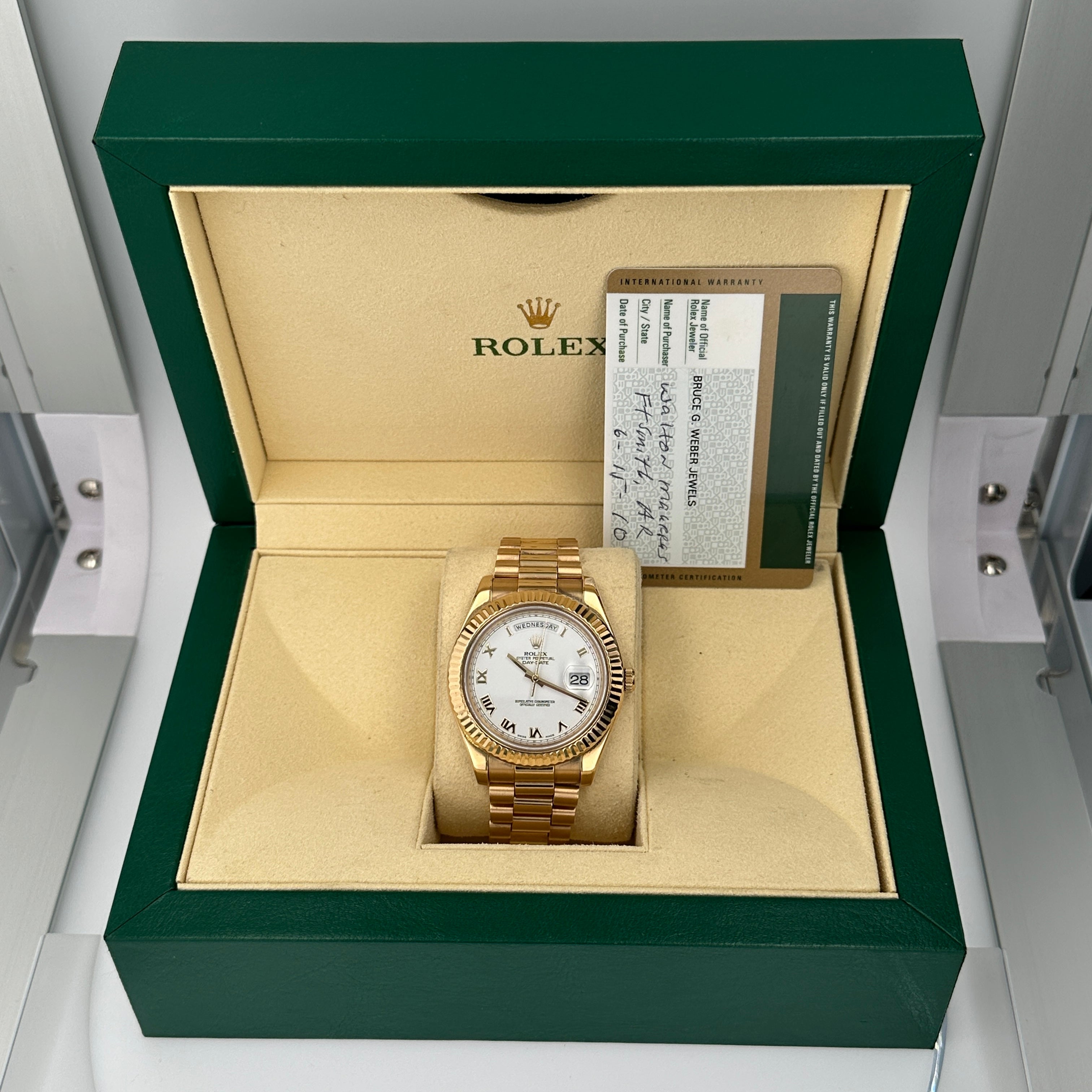 B&P Rolex Day-Date 218238 41mm White Skinny Roman Numeral Dial Fluted Bezel President Band - Luxuriant Concierge