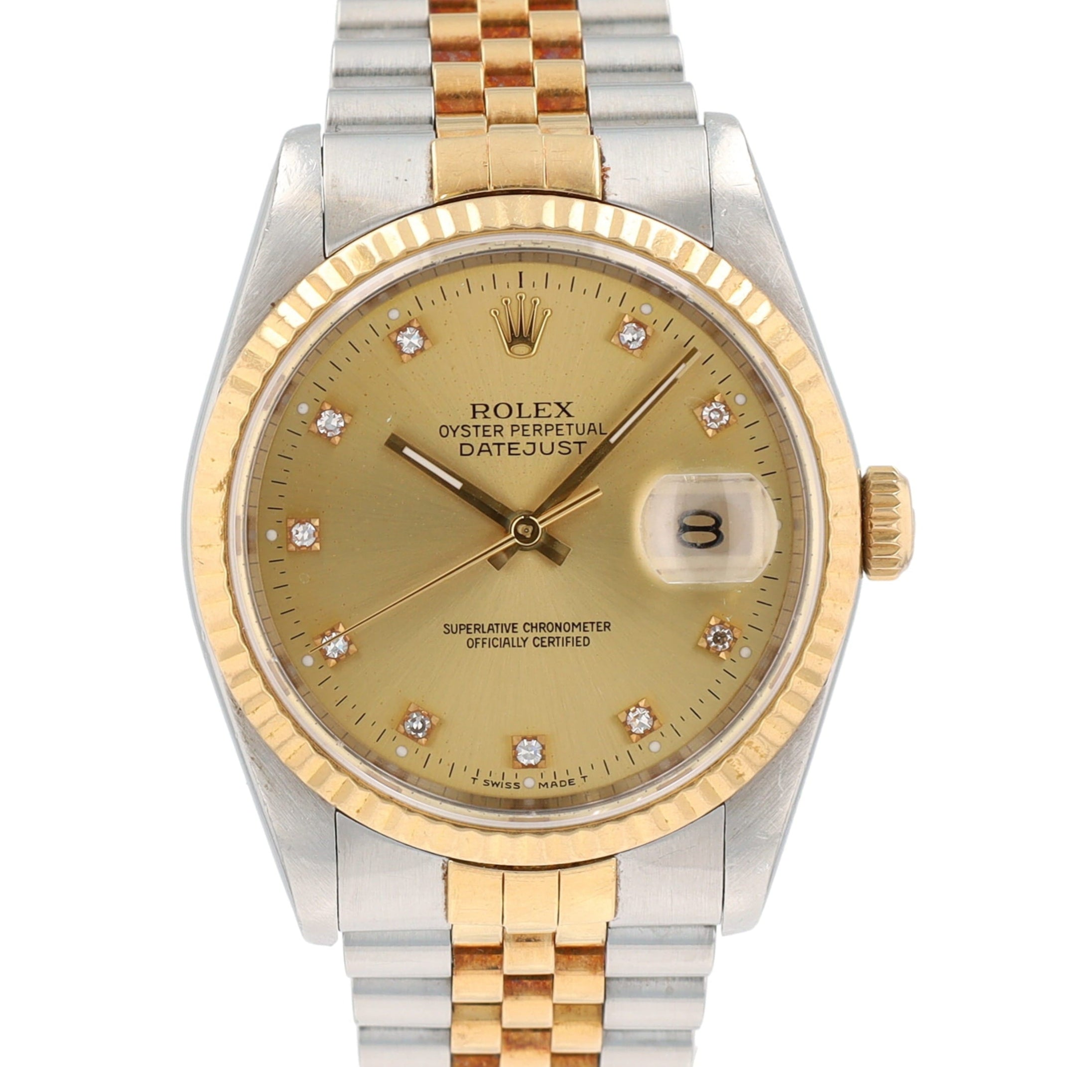 Rolex Datejust 16233 36mm Champagne Diamonds (O.S) Dial Fluted Bezel Jubilee Band - Luxuriant Concierge