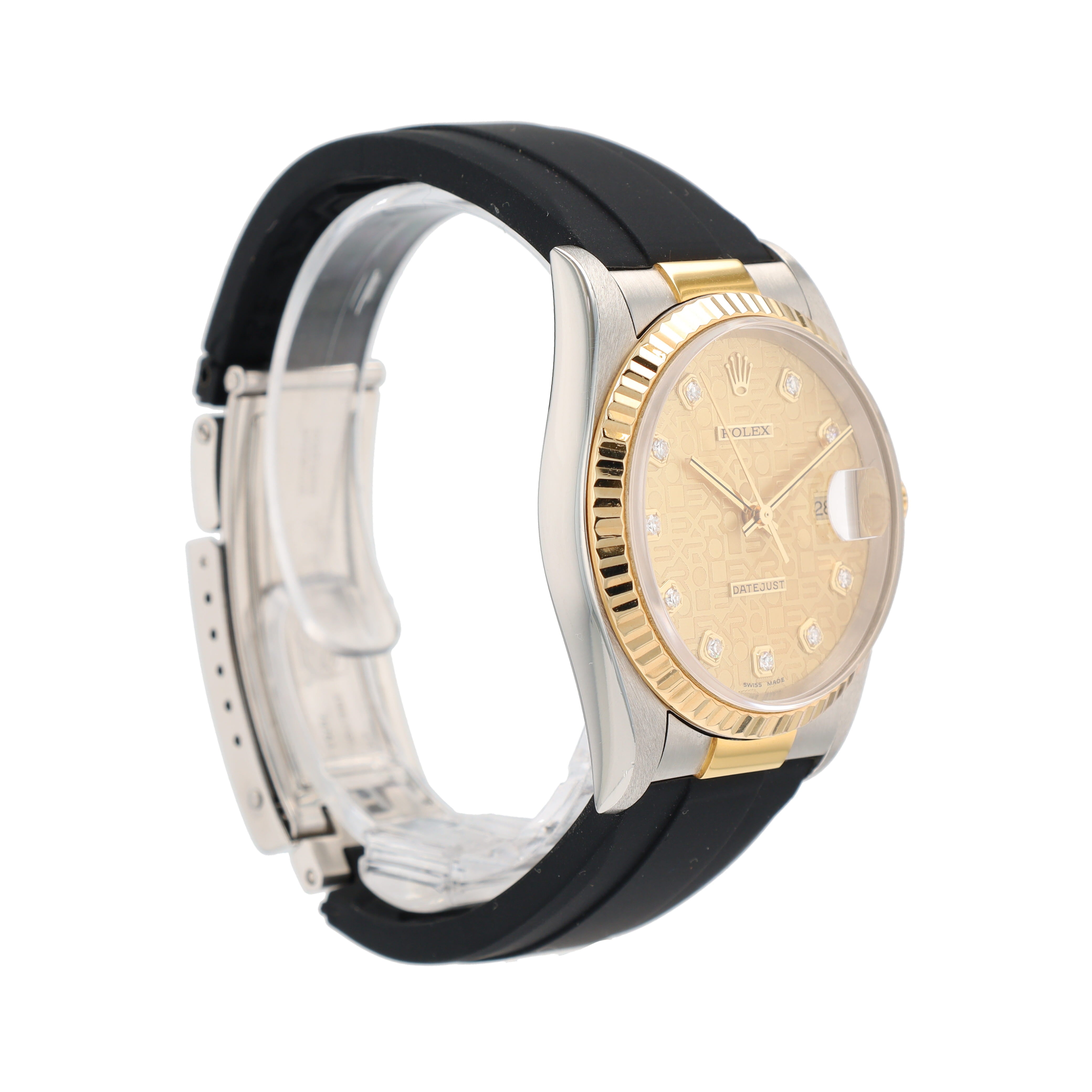 Rolex Datejust 16233 36mm Champagne Jubilee Diamonds Dial Fluted Bezel Black Band