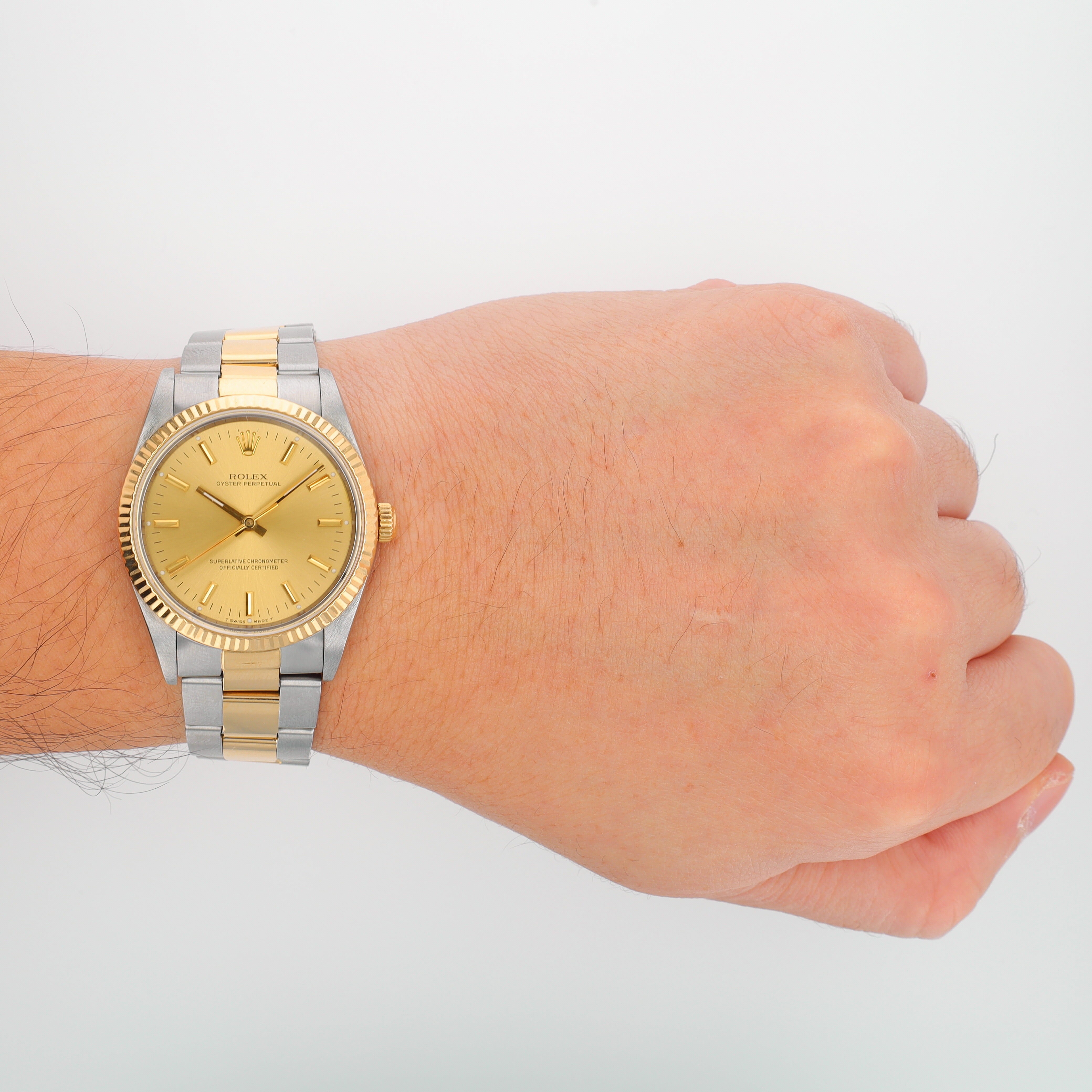 Rolex Oyster Perpetual 14233 34mm Champagne Index Dial Fluted Bezel Band - Luxuriant Concierge