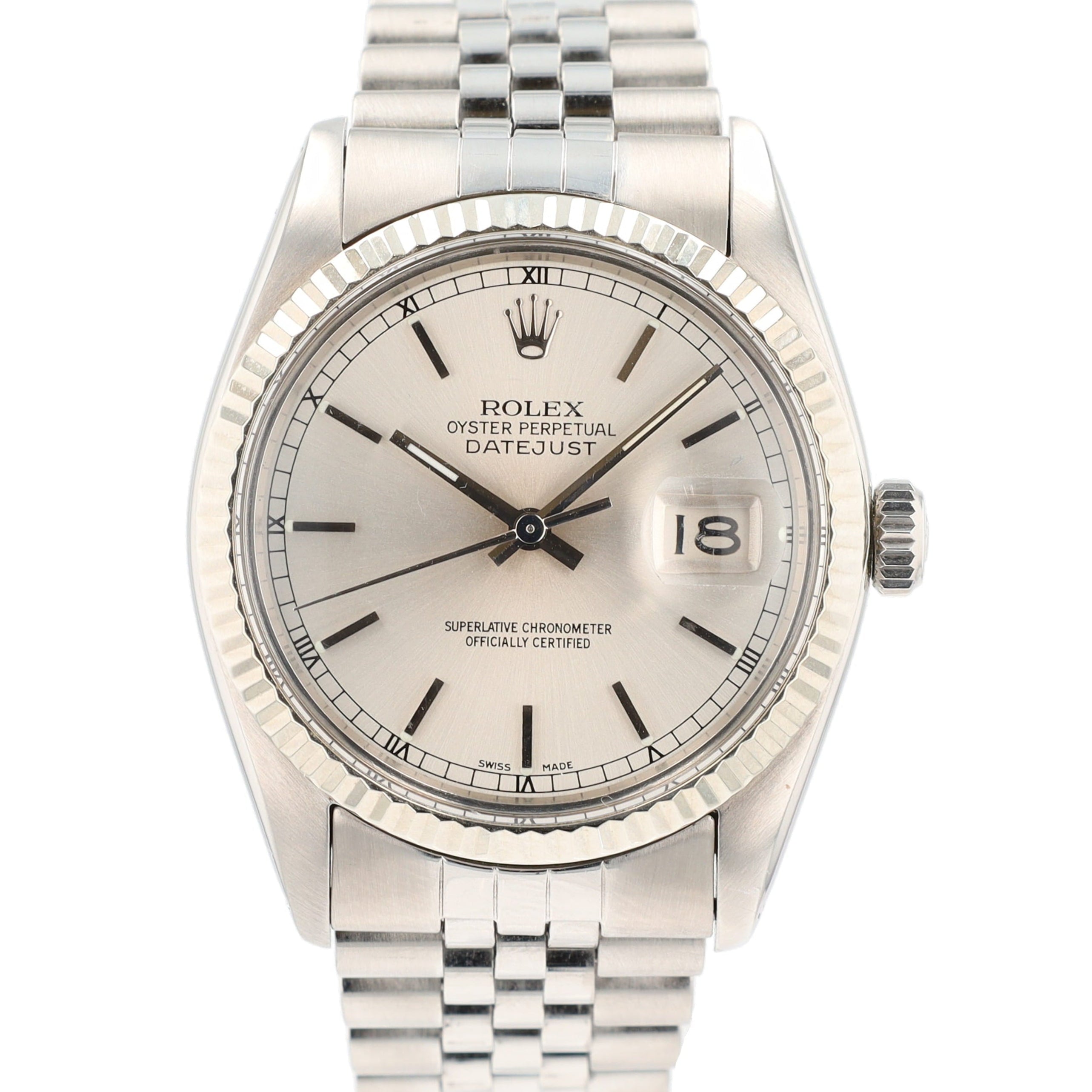 Rolex Datejust 16014 36mm Siler Index w/Roman Track Dial Fluted Bezel Jubilee Band - Luxuriant Concierge