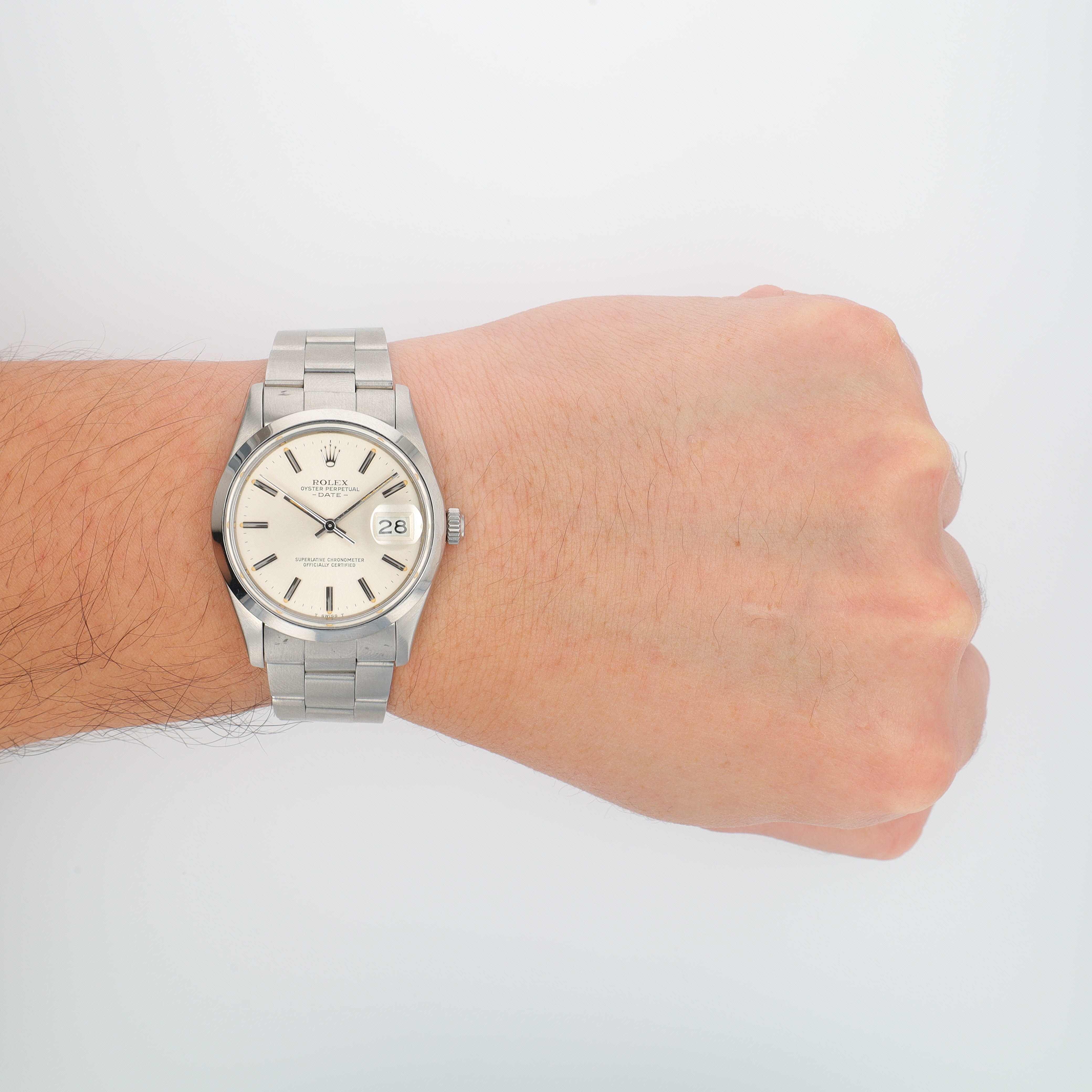 Rolex Date 15000 31mm Silver Fatboy Index Dial Smooth Bezel Oyster Band
