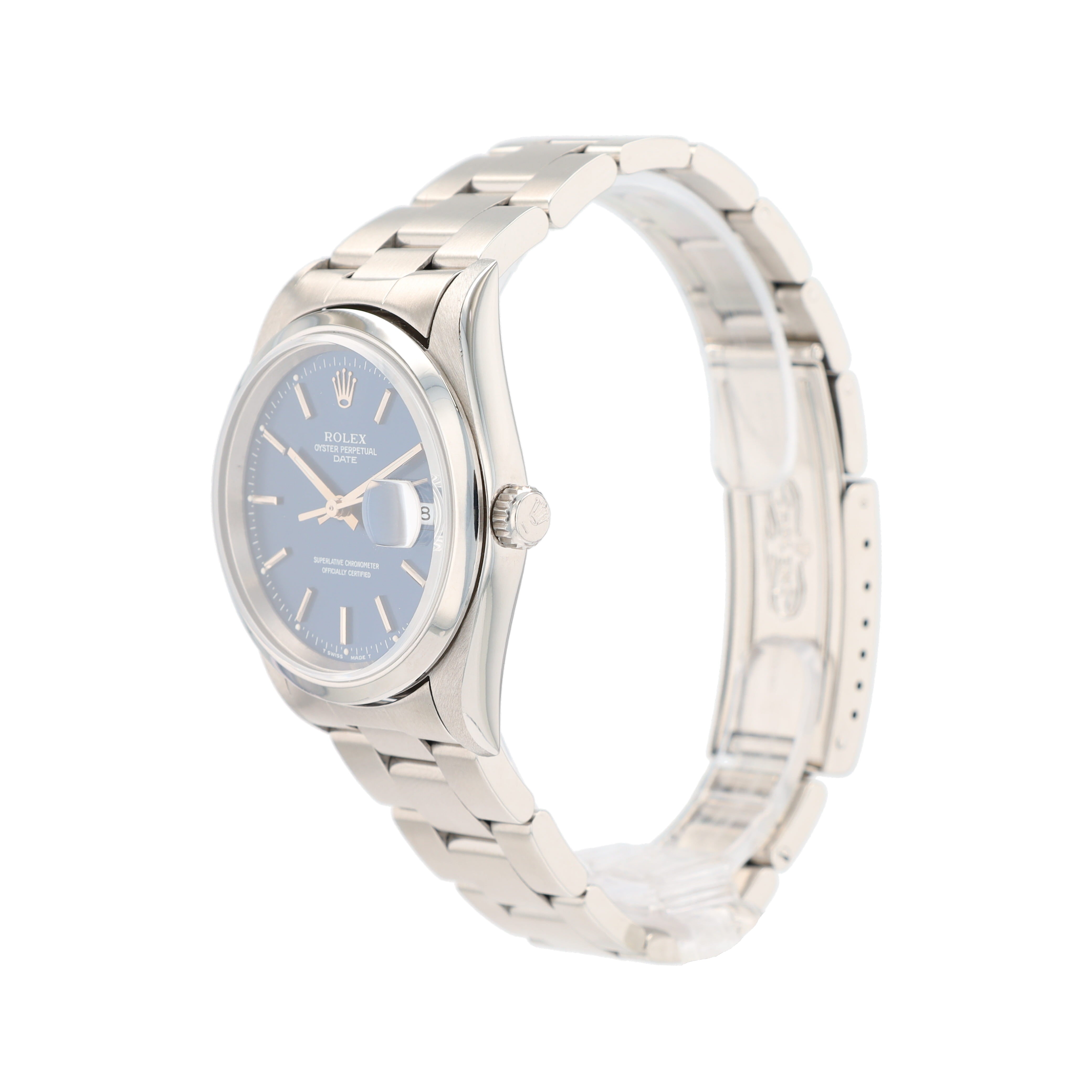 Rolex Date 15200 34mm Blue Index Dial Smooth Bezel Oyster Band - Luxuriant Concierge