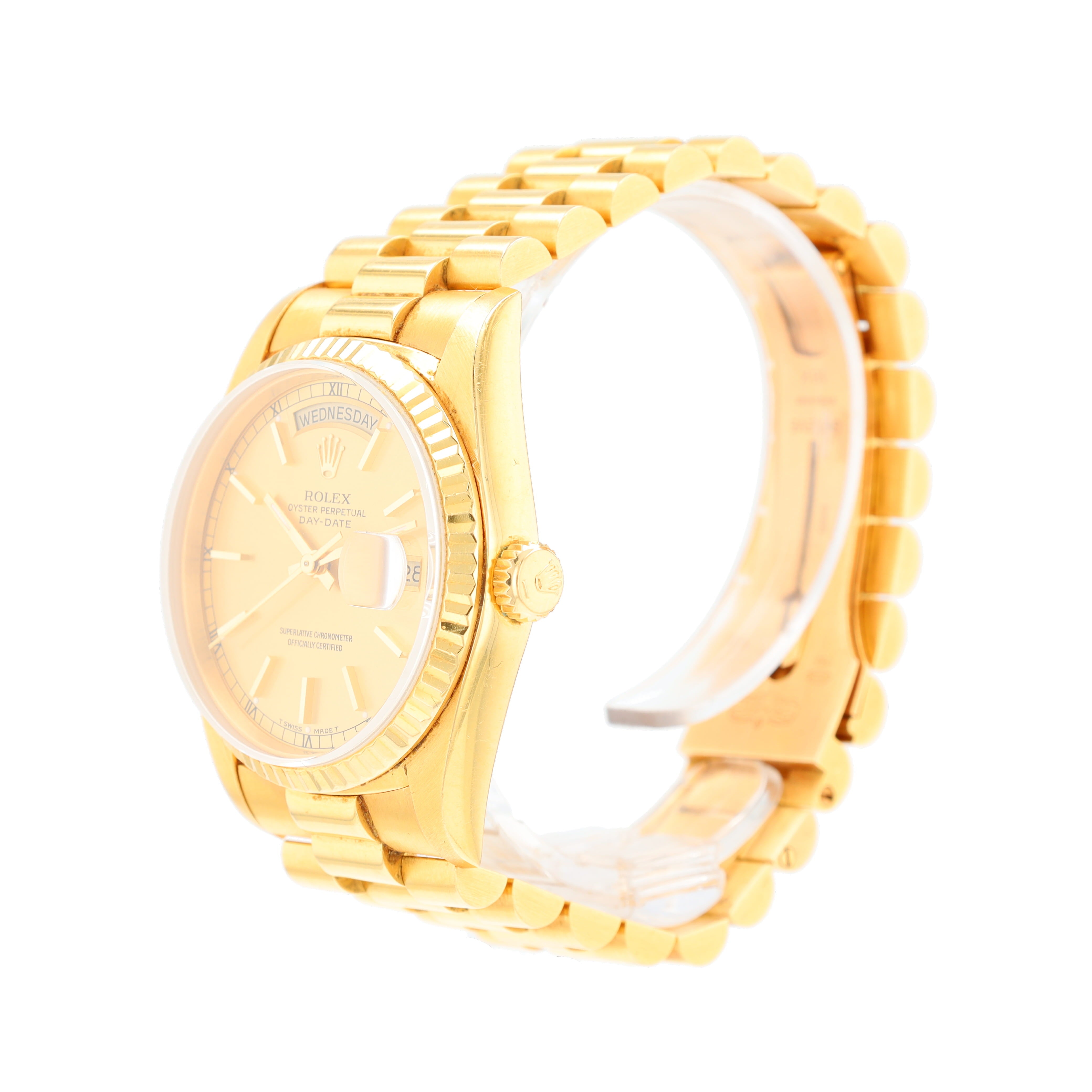 Rolex Day-Date 18238 36mm Champagne Index Dial Fluted Bezel President Band - Luxuriant Concierge