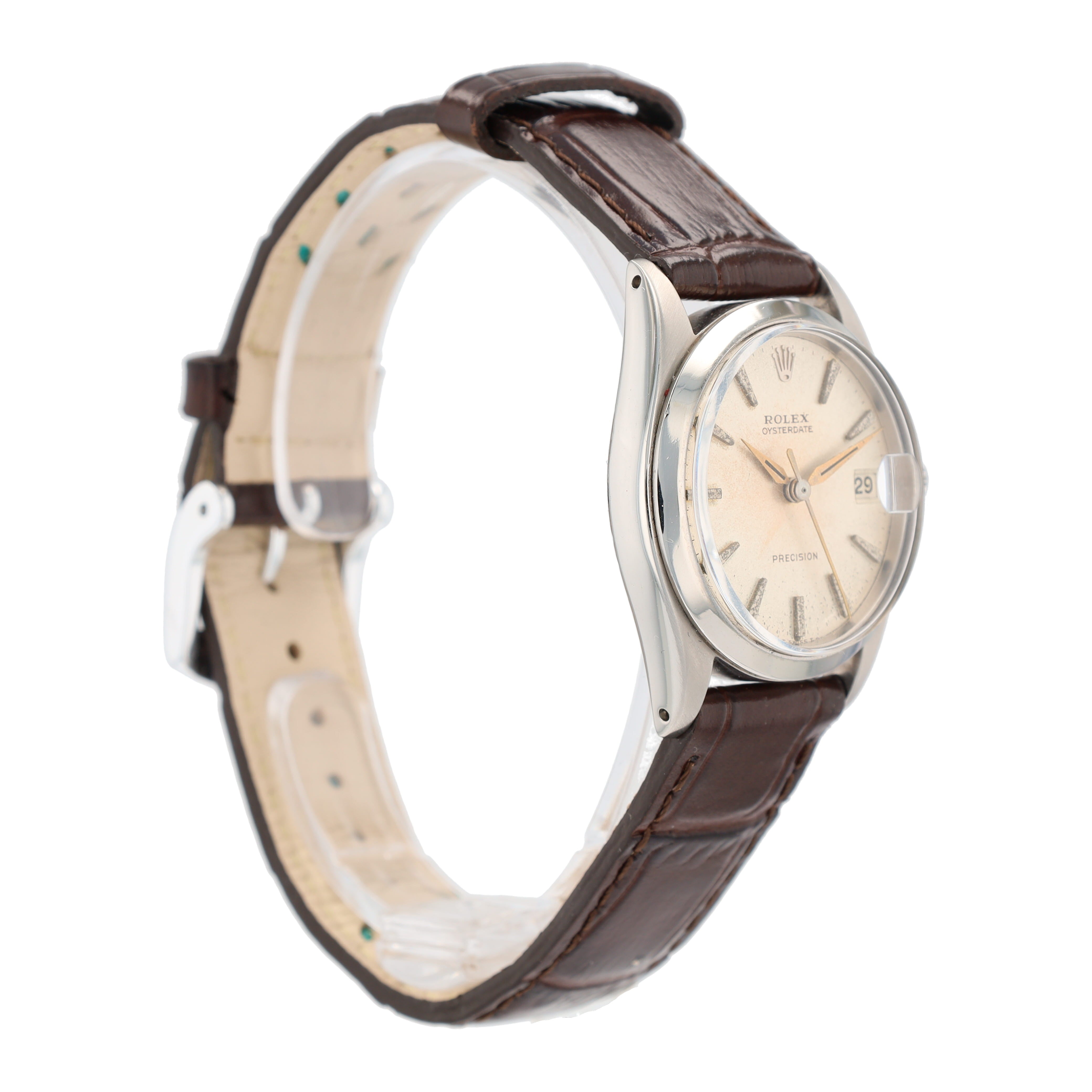 Rolex Oyster Date 6466 31mm Silver Dauphine Dial Smooth Bezel Aftermarket Band
