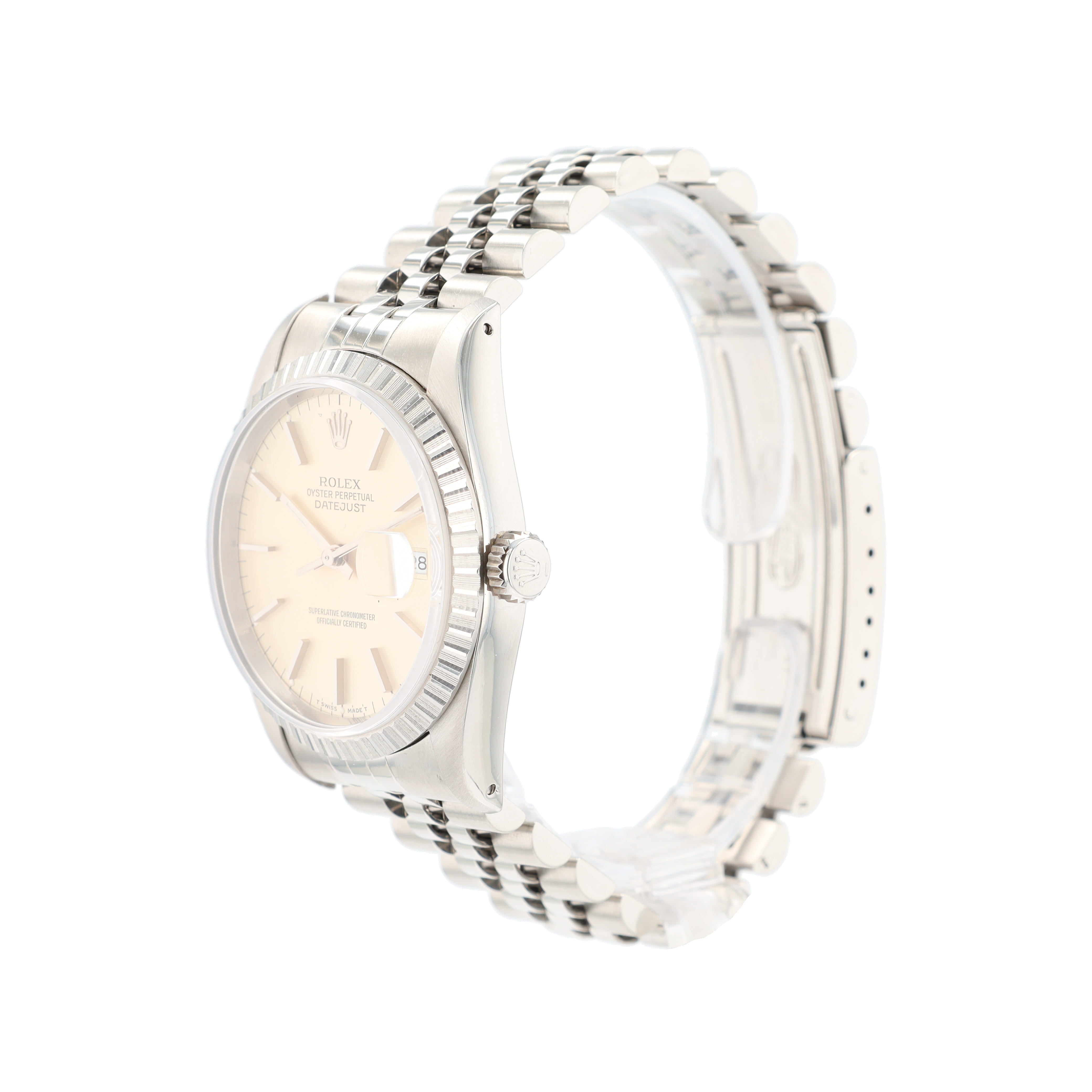 B&P Rolex Datejust 16220 36mm Silver Index Dial Engine-Turned Bezel Jubilee Band - Luxuriant Concierge