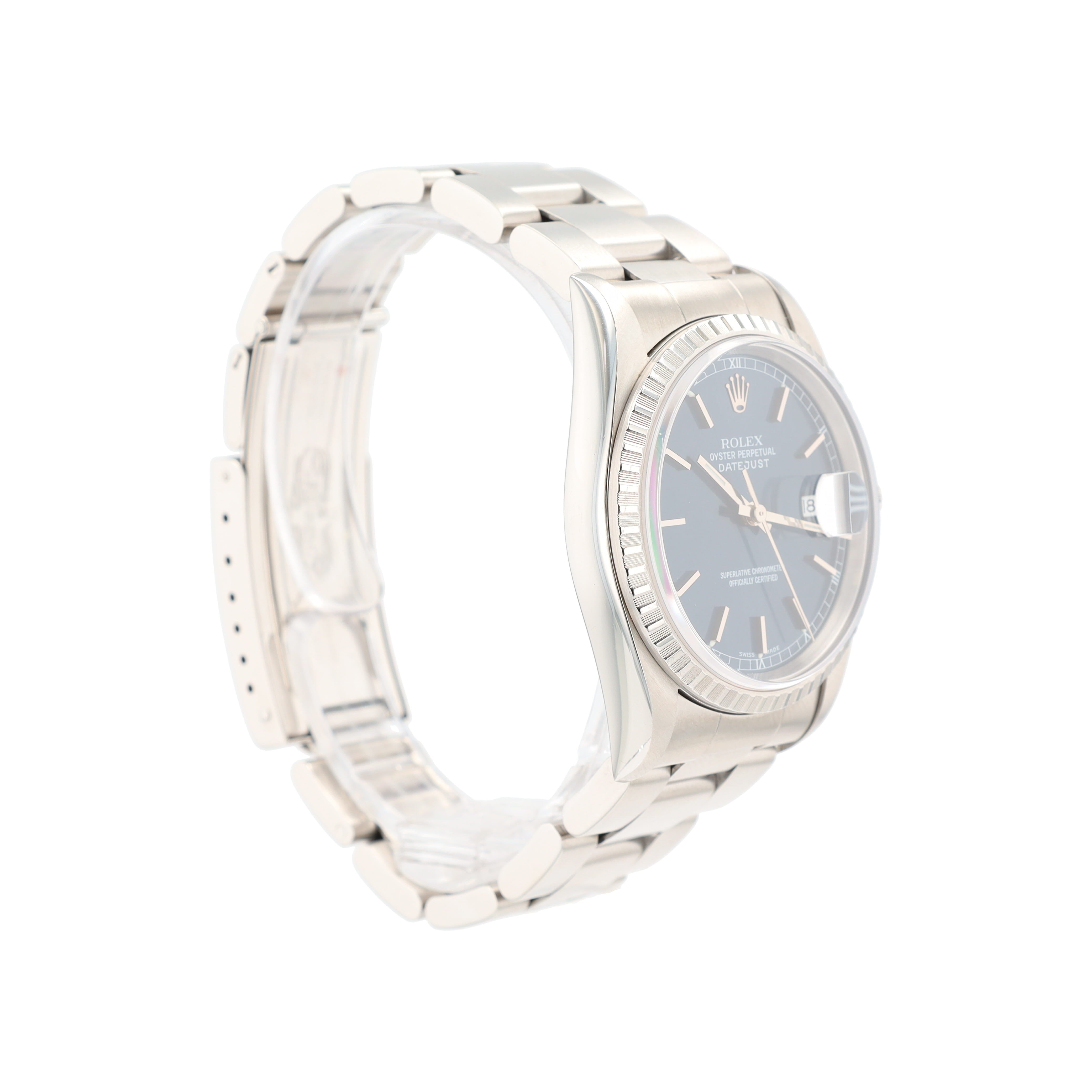 Rolex Datejust 16220 36mm Blue Index w/roman track Dial Engine-Turned Bezel Oyster Band