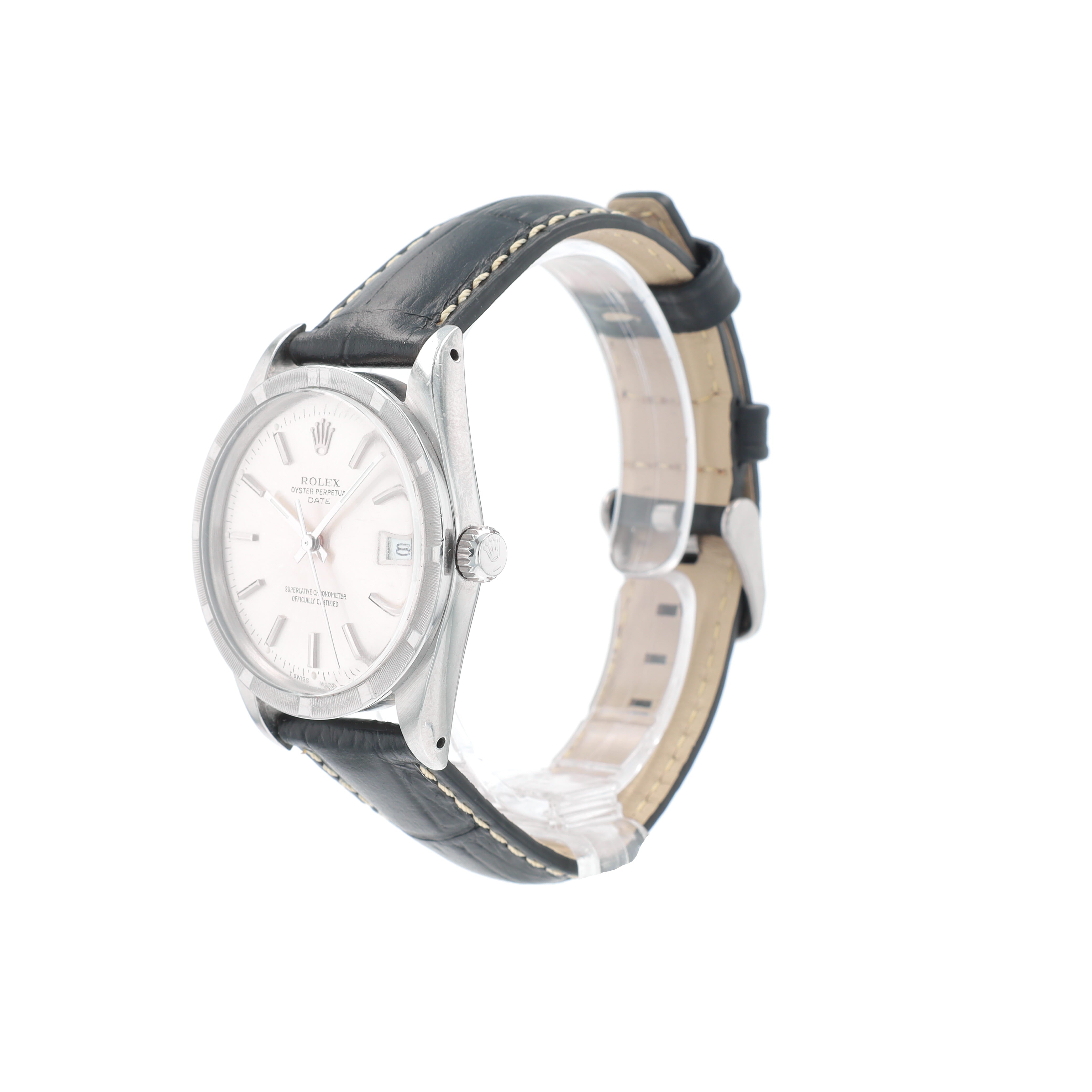 Rolex Date 15010 34mm Silver Index Dial Engine-Turned Bezel No Band Band - Luxuriant Concierge