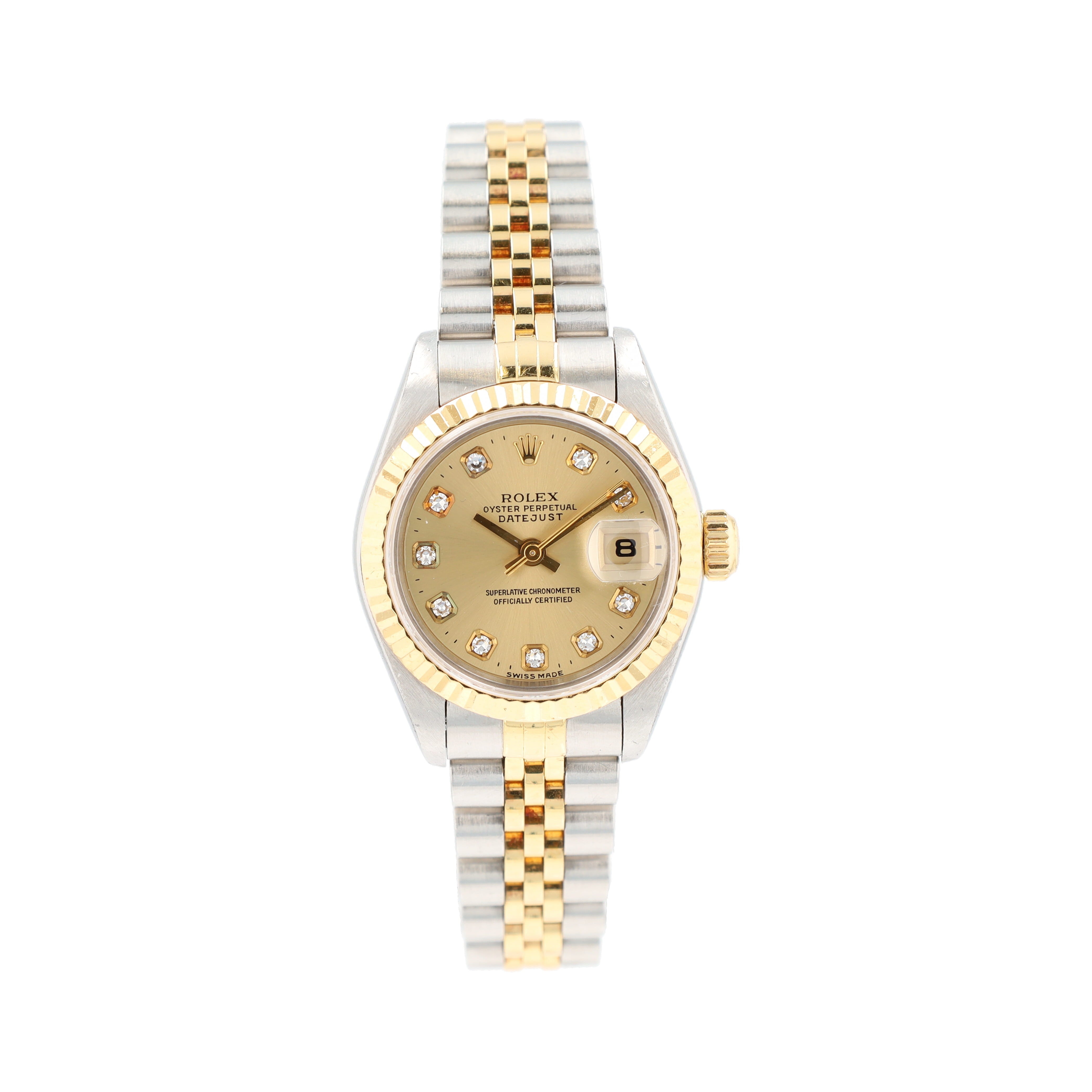 B&P Rolex Datejust 69173 26mm Champagne Diamonds (N.S) Dial Fluted Bezel Jubilee Band - Luxuriant Concierge