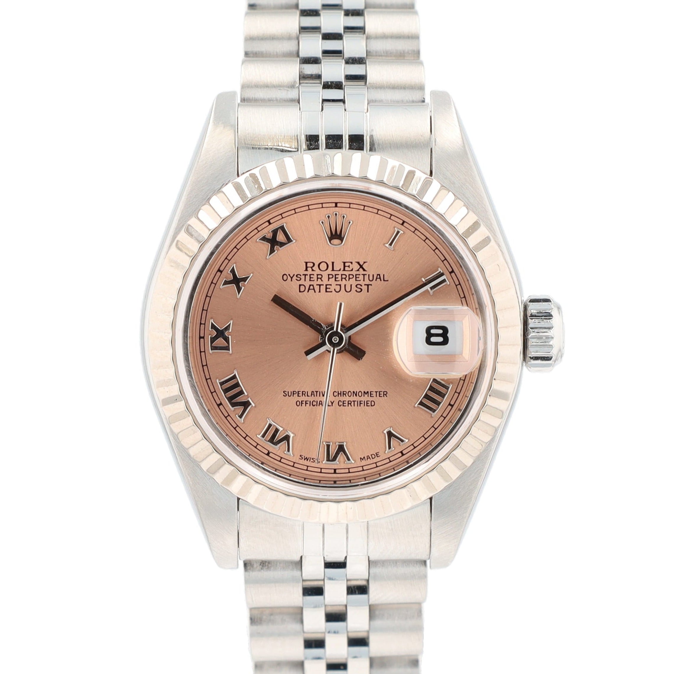 Rolex Datejust 69174 26mm Salmon Roman Numeral Dial Fluted Bezel Jubilee Band - Luxuriant Concierge