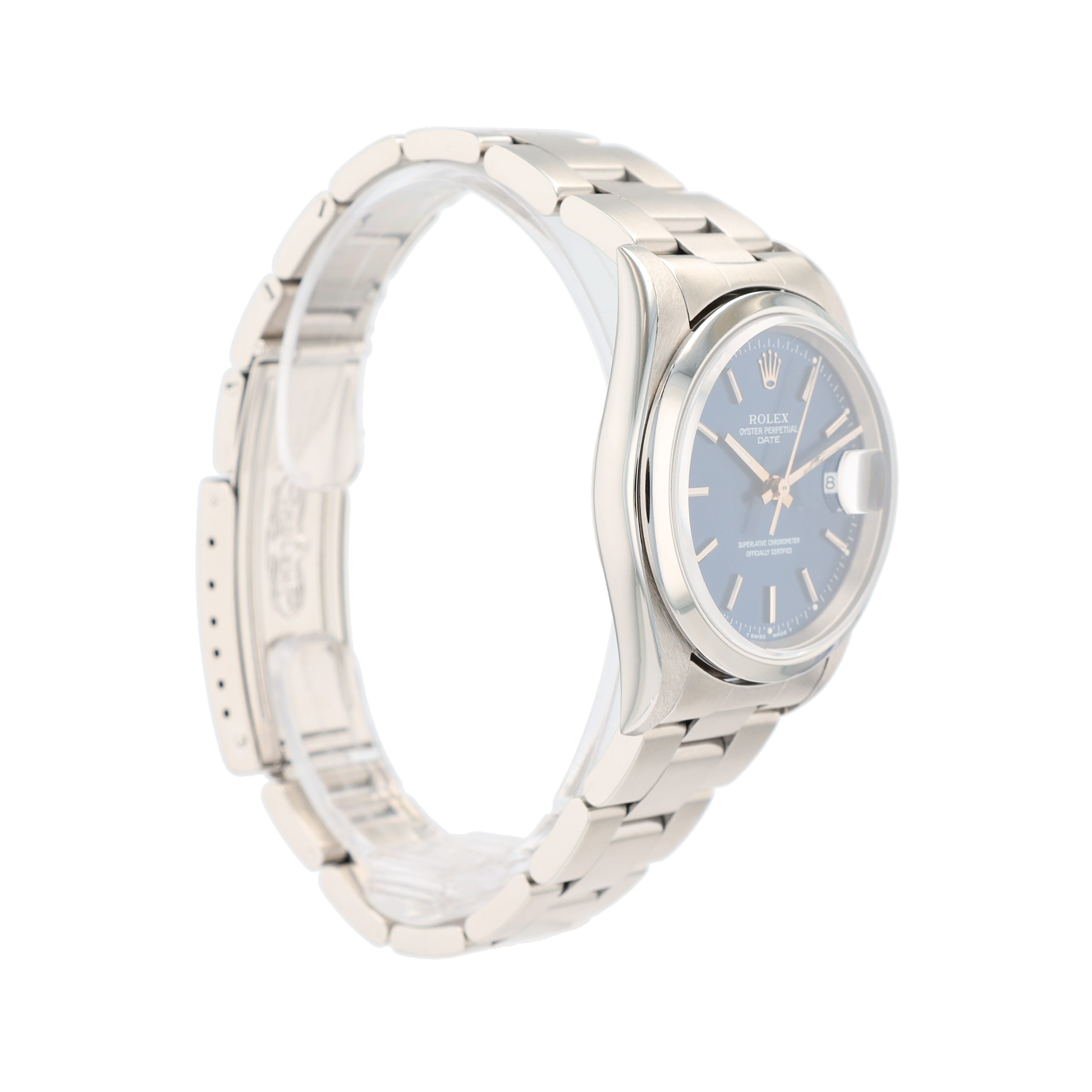 Rolex Date 15200 34mm Blue Index Dial Smooth Bezel Oyster Band - Luxuriant Concierge