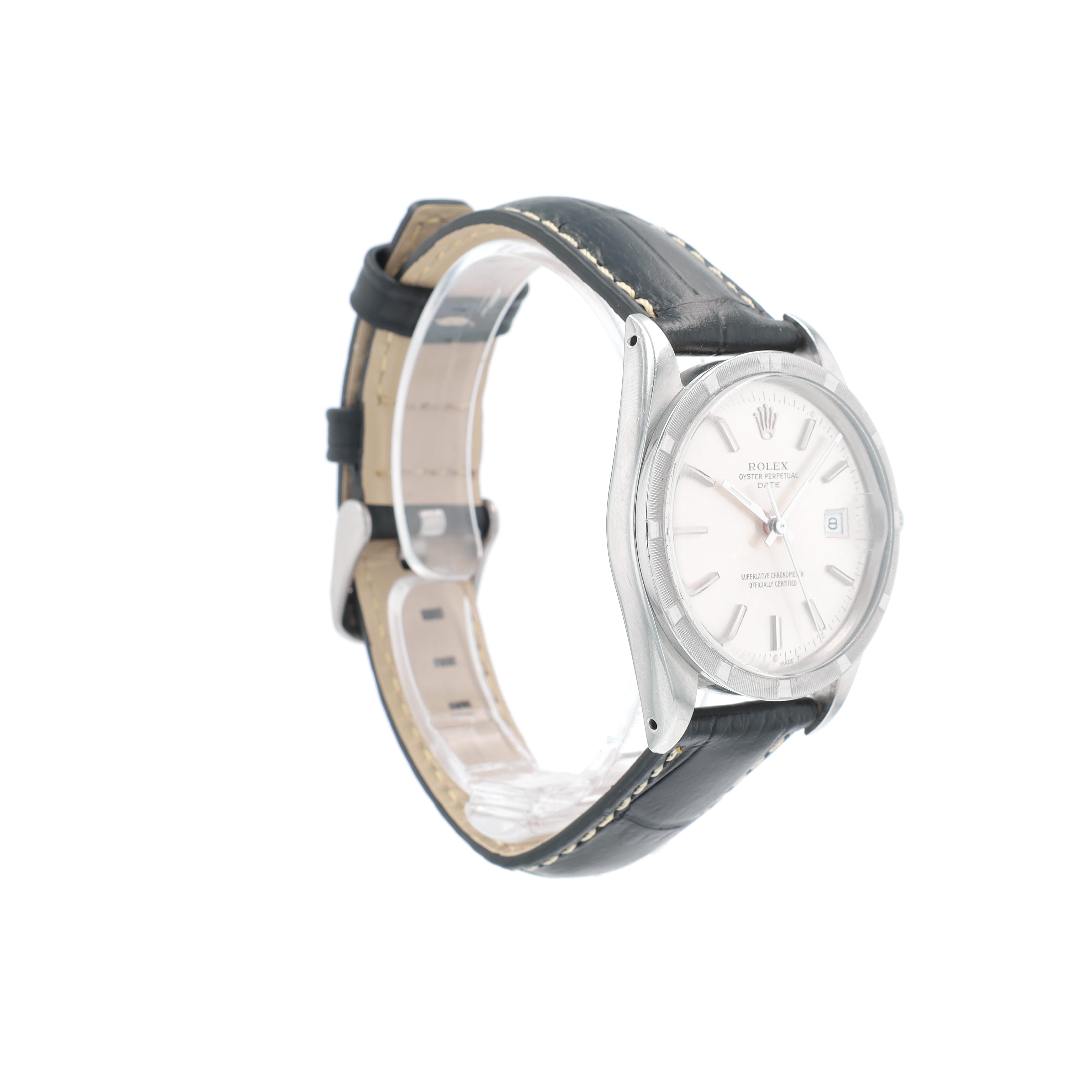 Rolex Date 15010 34mm Silver Index Dial Engine-Turned Bezel No Band Band - Luxuriant Concierge