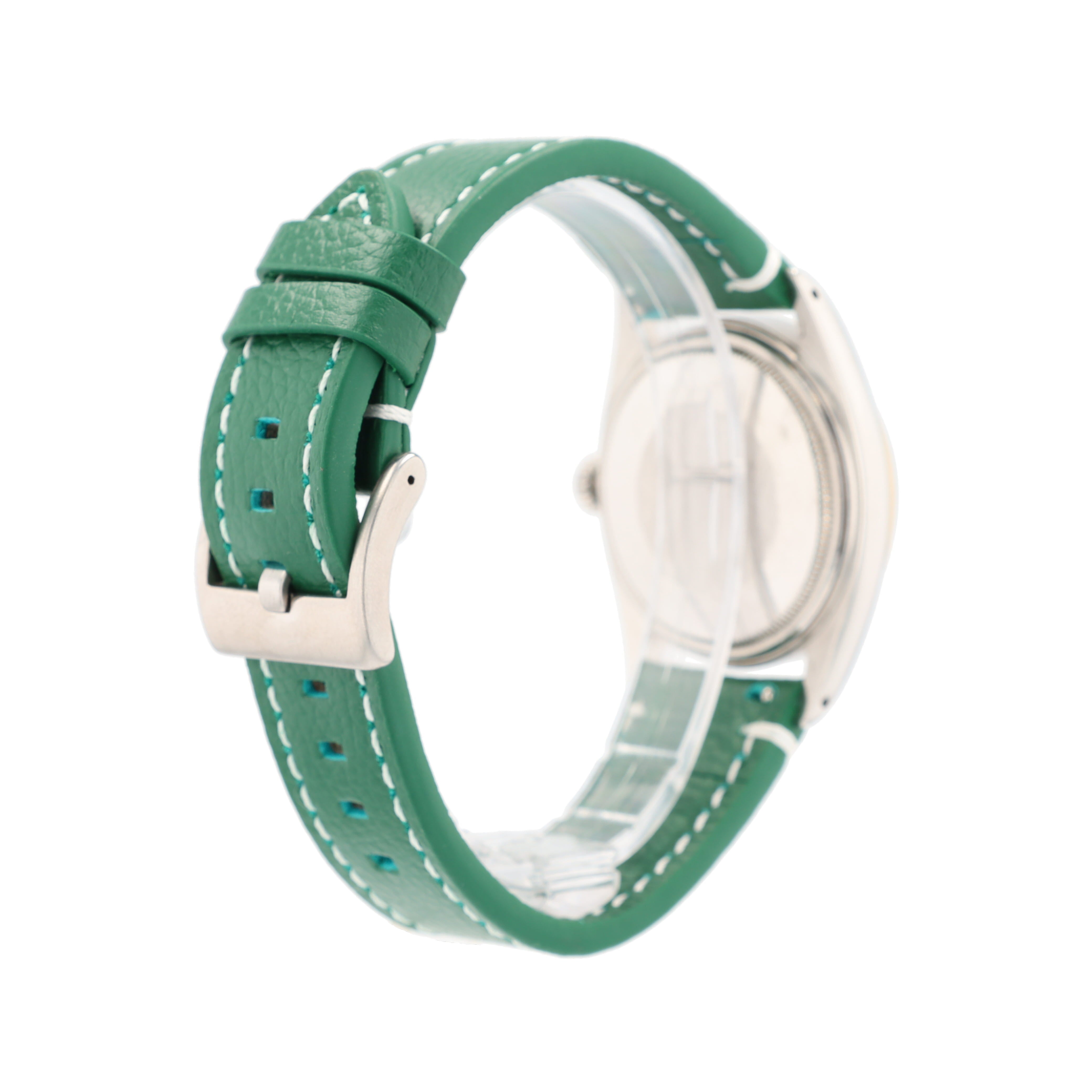 Rolex Datejust 1601 36mm Silver Dauphine 8+2 Pointed Index Dial Fluted Bezel AM Green Leather Band