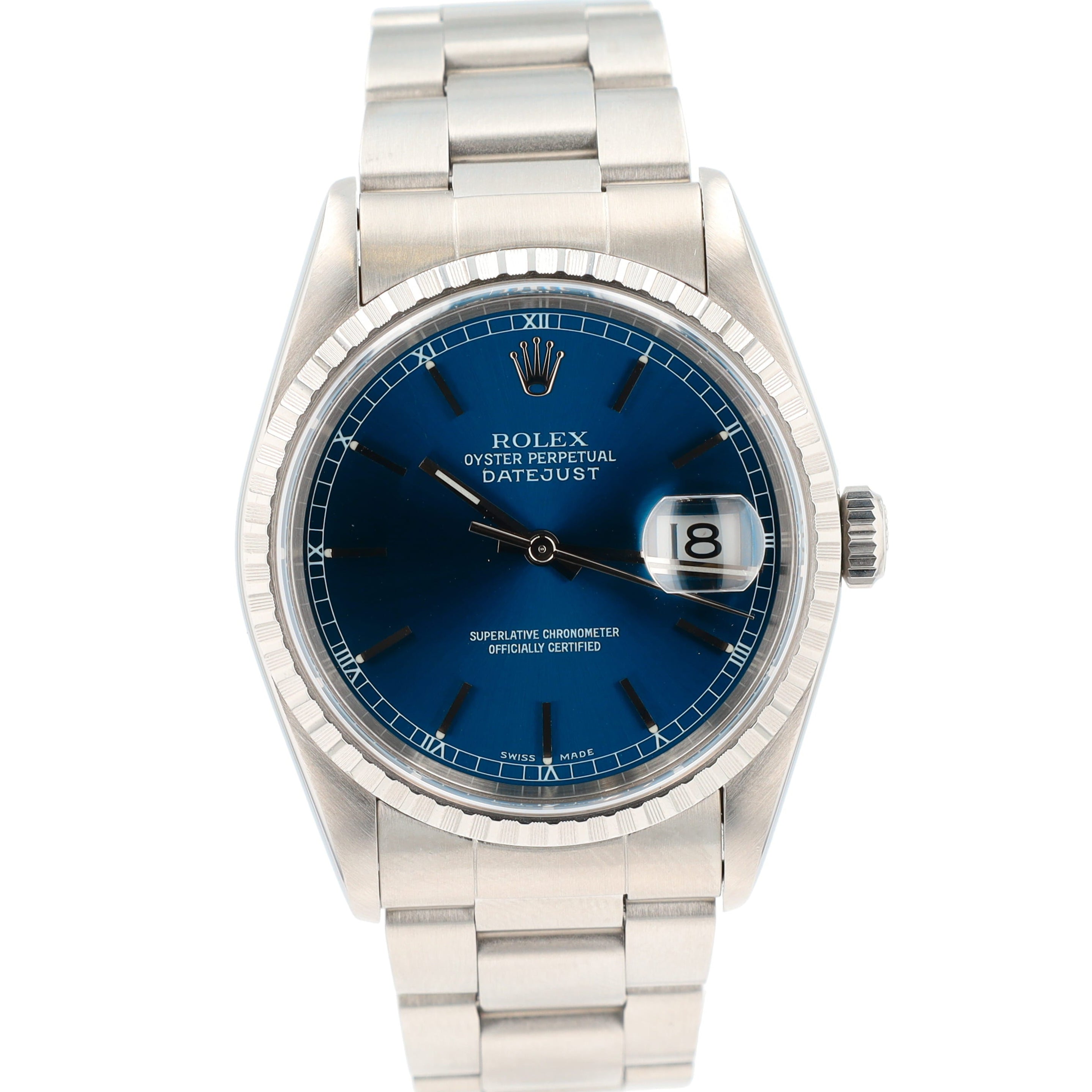 Rolex Datejust 16220 36mm Blue Index w/roman track Dial Engine-Turned Bezel Oyster Band - Luxuriant Concierge