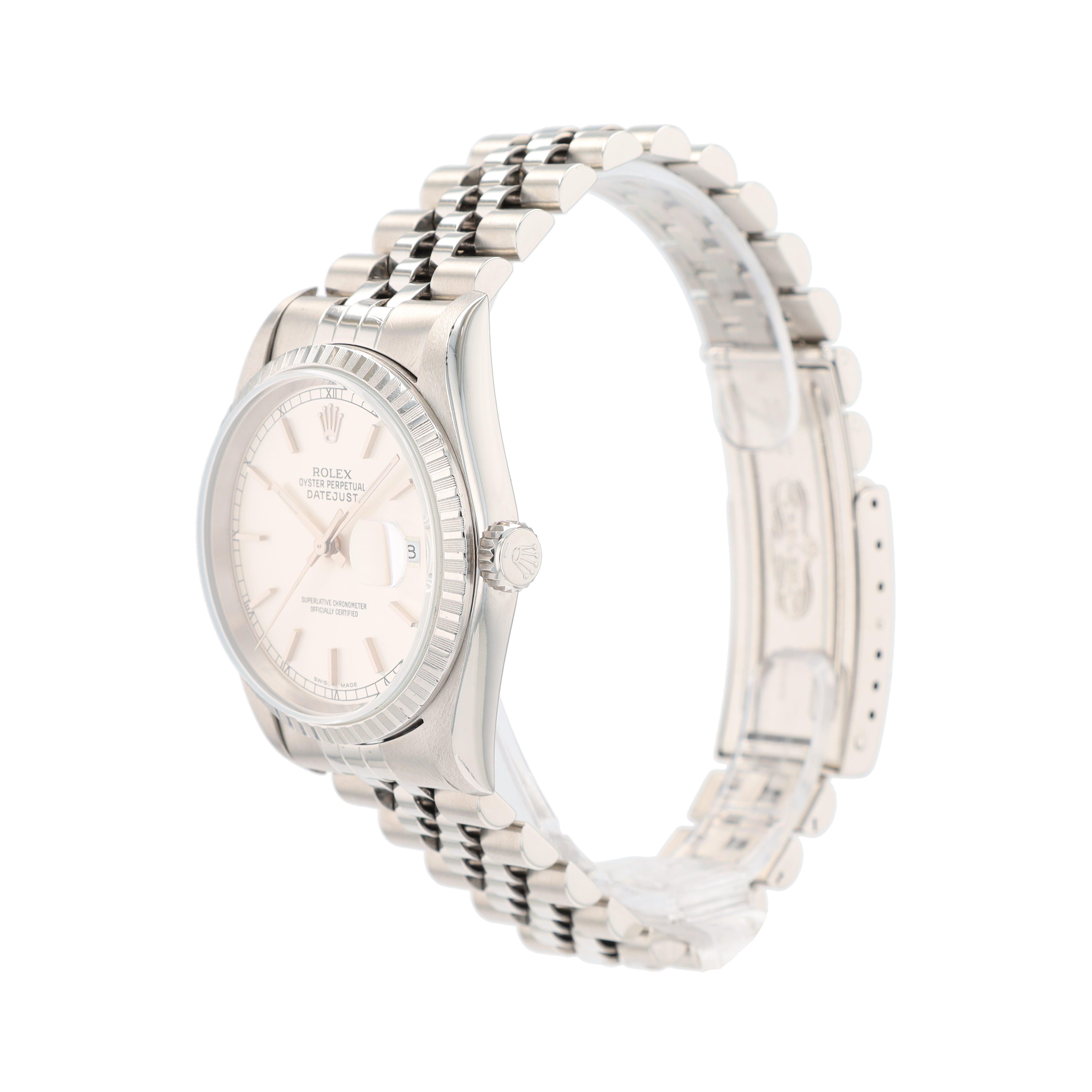 B&P Rolex Datejust 16220 36mm Silver Index w/roman Track Dial Engine-Turned Bezel Jubilee Band - Luxuriant Concierge