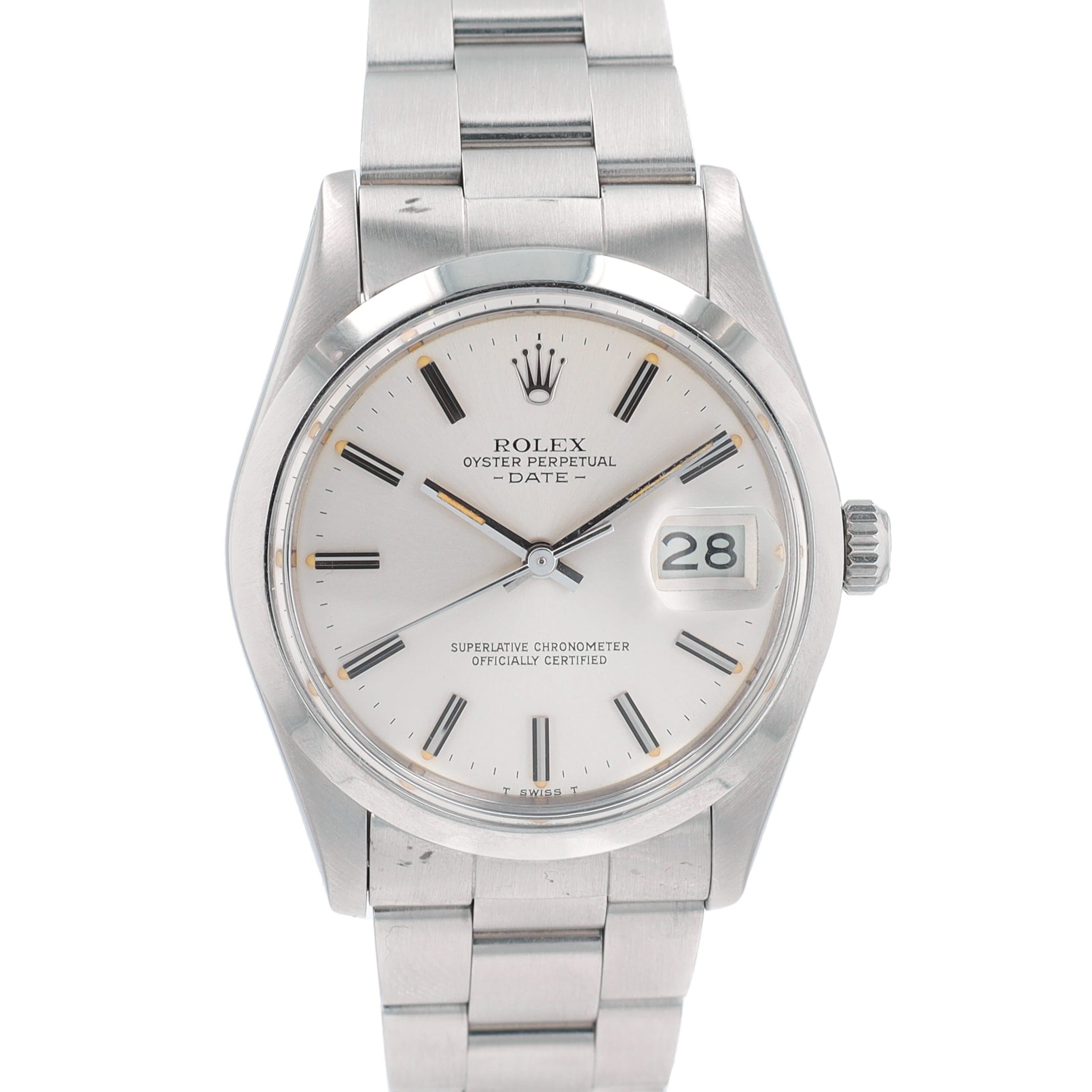 Rolex Date 15000 31mm Silver Fatboy Index Dial Smooth Bezel Oyster Band - Luxuriant Concierge