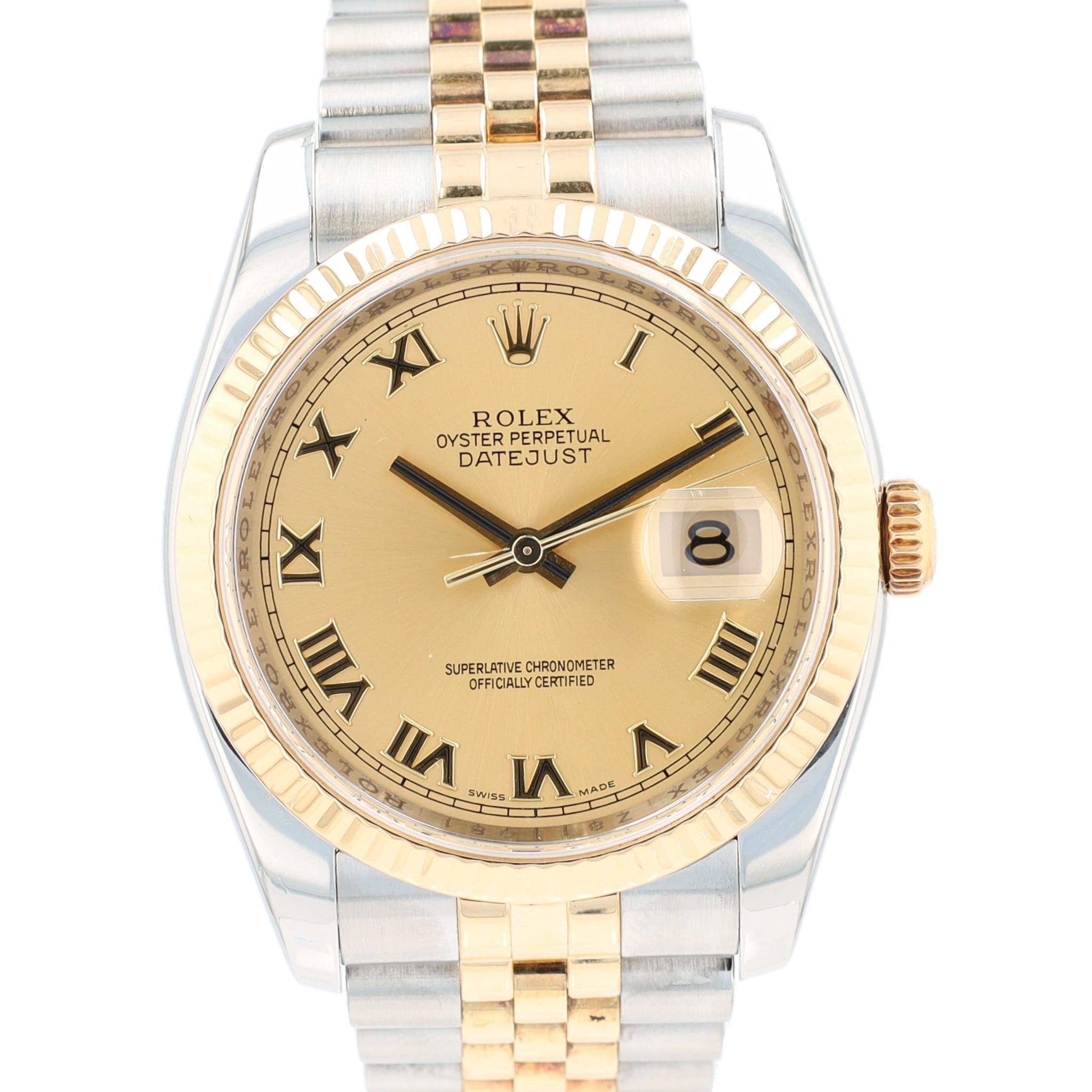 Rolex Datejust 116233 36mm Champagne Roman Numeral Dial Fluted Bezel Jubilee Band - Luxuriant Concierge