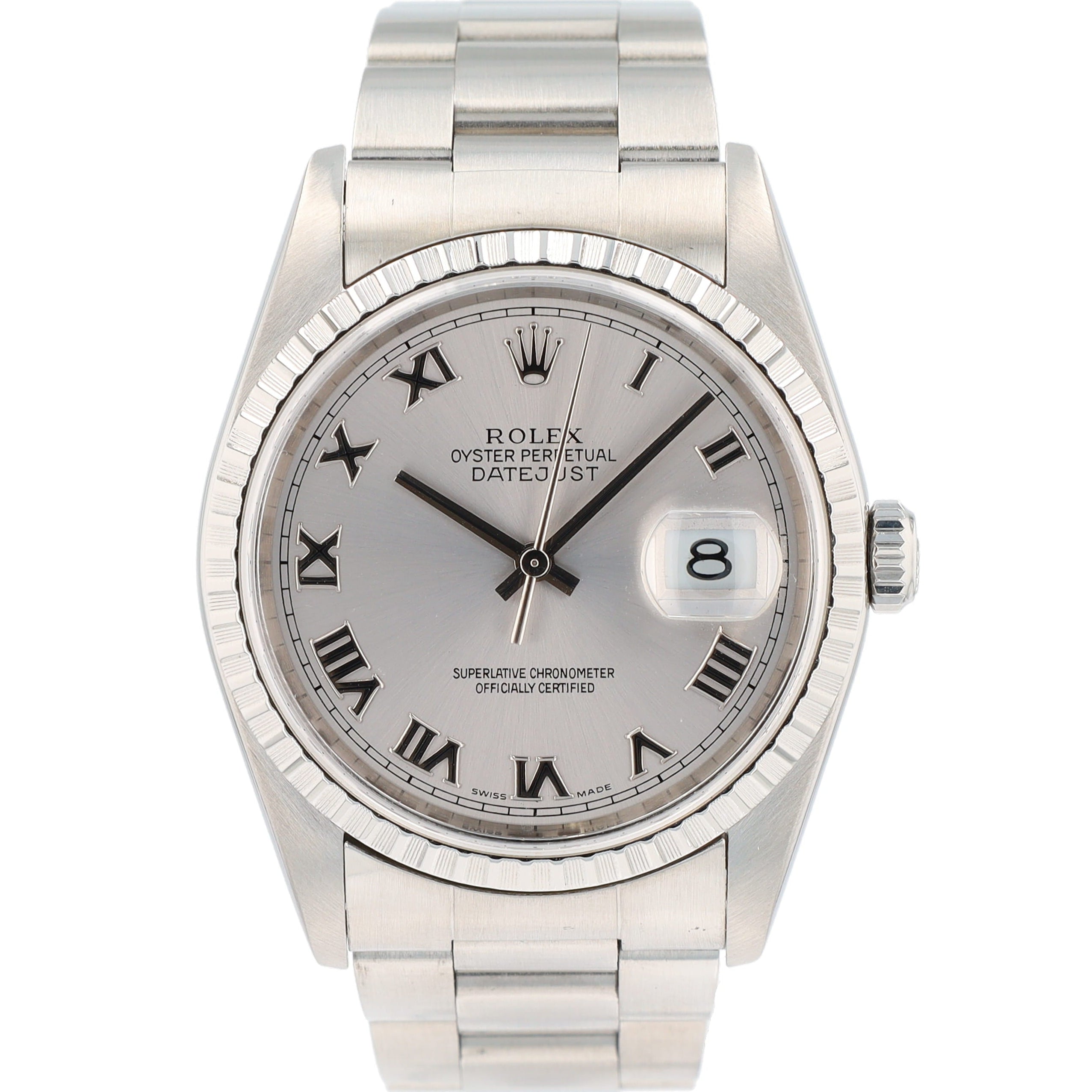 Rolex Datejust 16220 36mm Silver Roman Numeral Dial Engine-Turned Bezel Oyster Band - Luxuriant Concierge