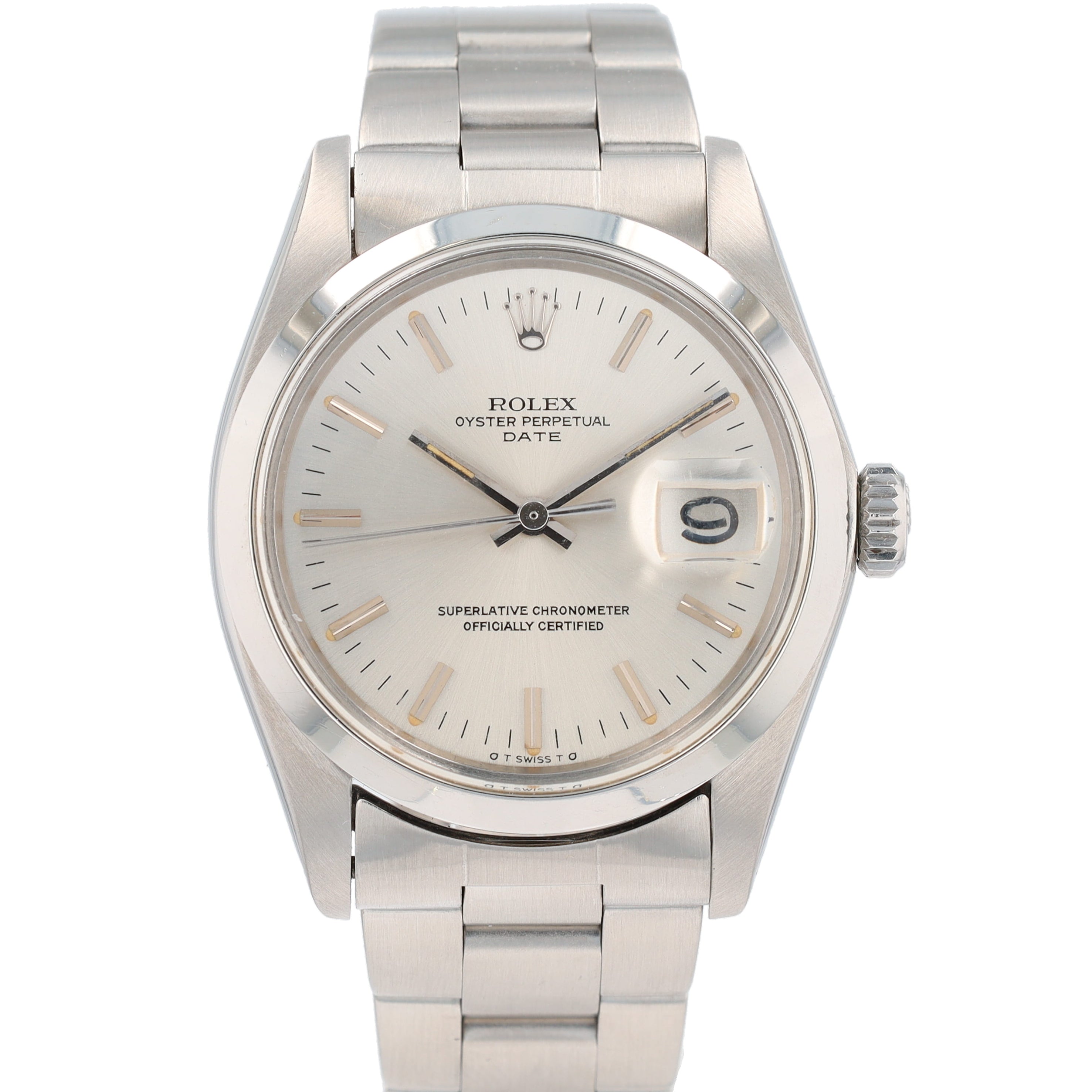 Rolex Date 1500 34mm Silver Index Dial Smooth Bezel Oyster Band - Luxuriant Concierge