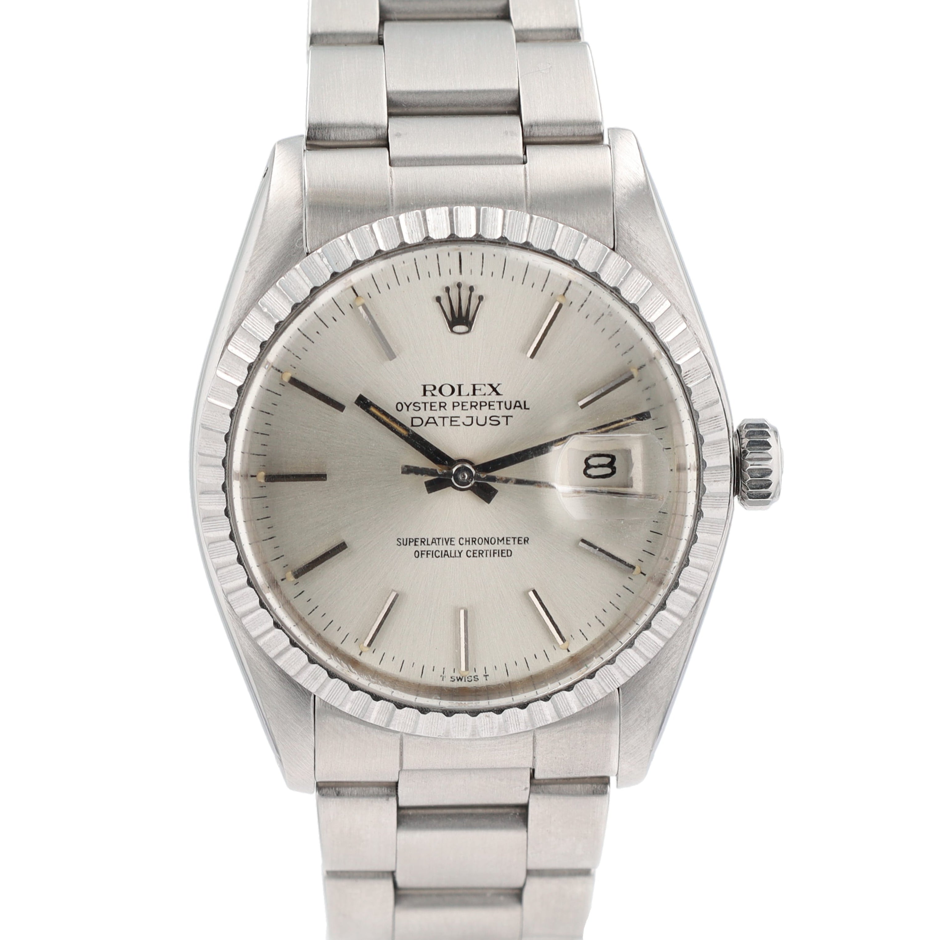 Rolex Datejust  16030 36mm Silver Index Dial Engine-Turned Bezel Oyster Band - Luxuriant Concierge