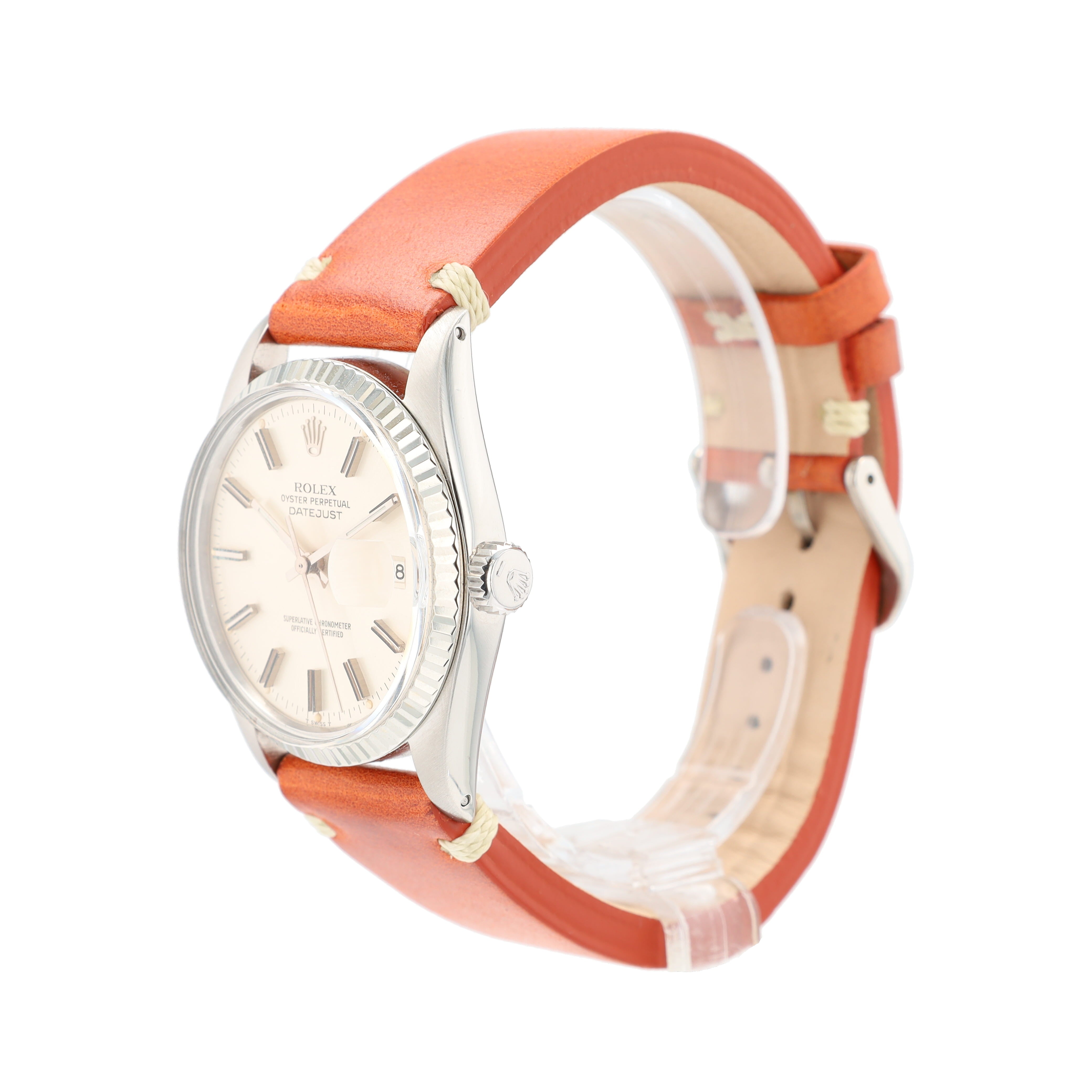 Rolex Datejust 16014 36mm Silver Index-Fatboy Dial Fluted Bezel Orange Leather Band - Luxuriant Concierge