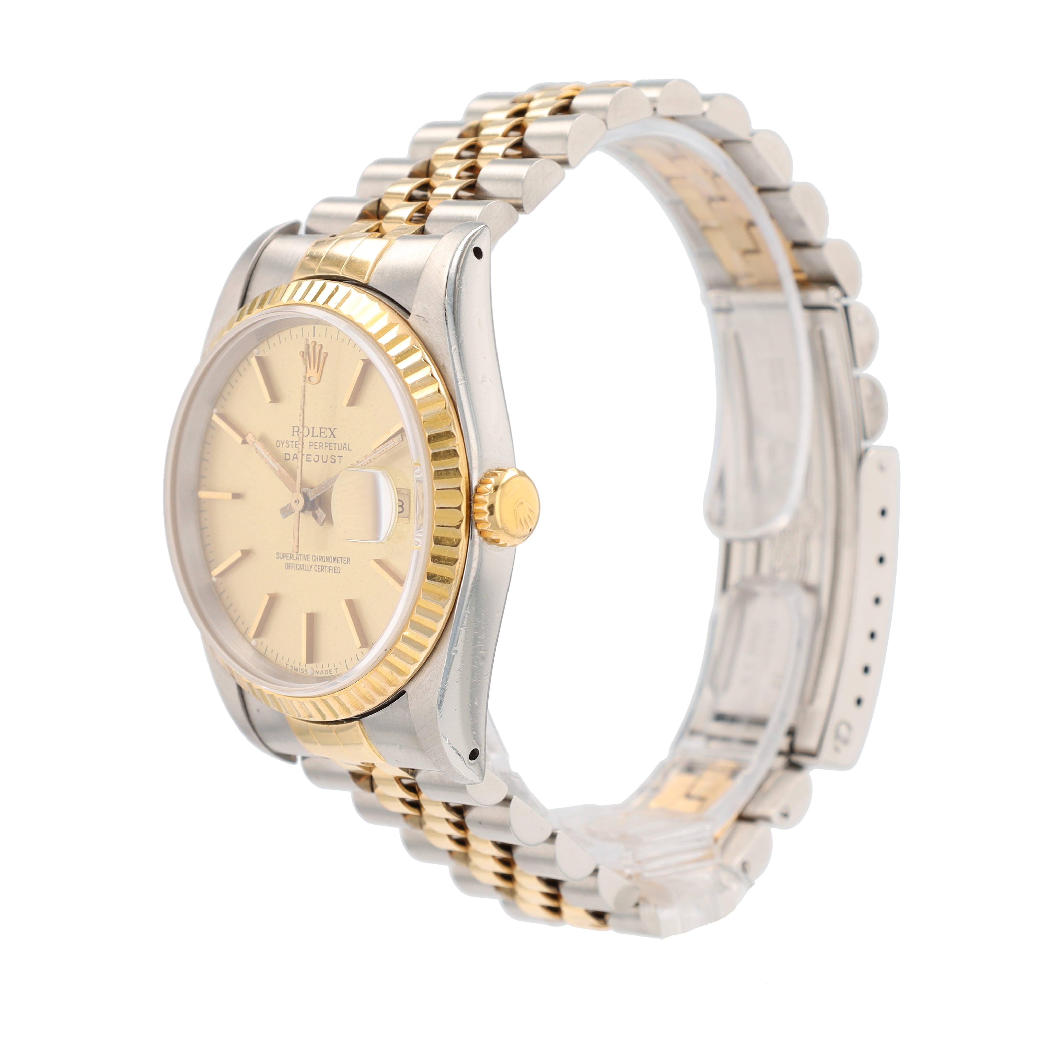 Rolex Datejust 16233 36mm Champagne Index Dial Fluted Bezel Jubilee Band - Luxuriant Concierge