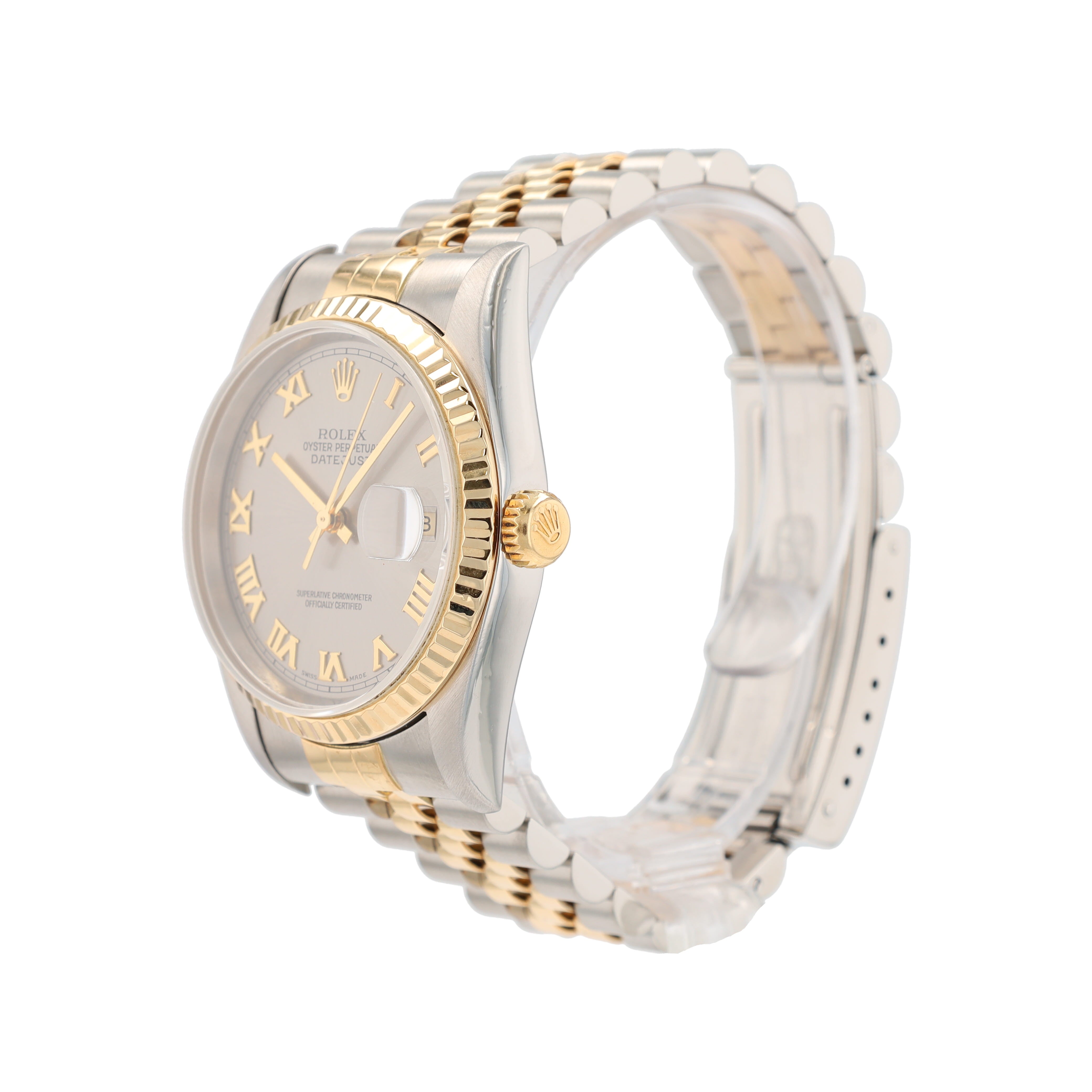 Rolex Datejust 16233 36mm Gray Roman Numeral Dial Fluted Bezel Jubilee Band - Luxuriant Concierge
