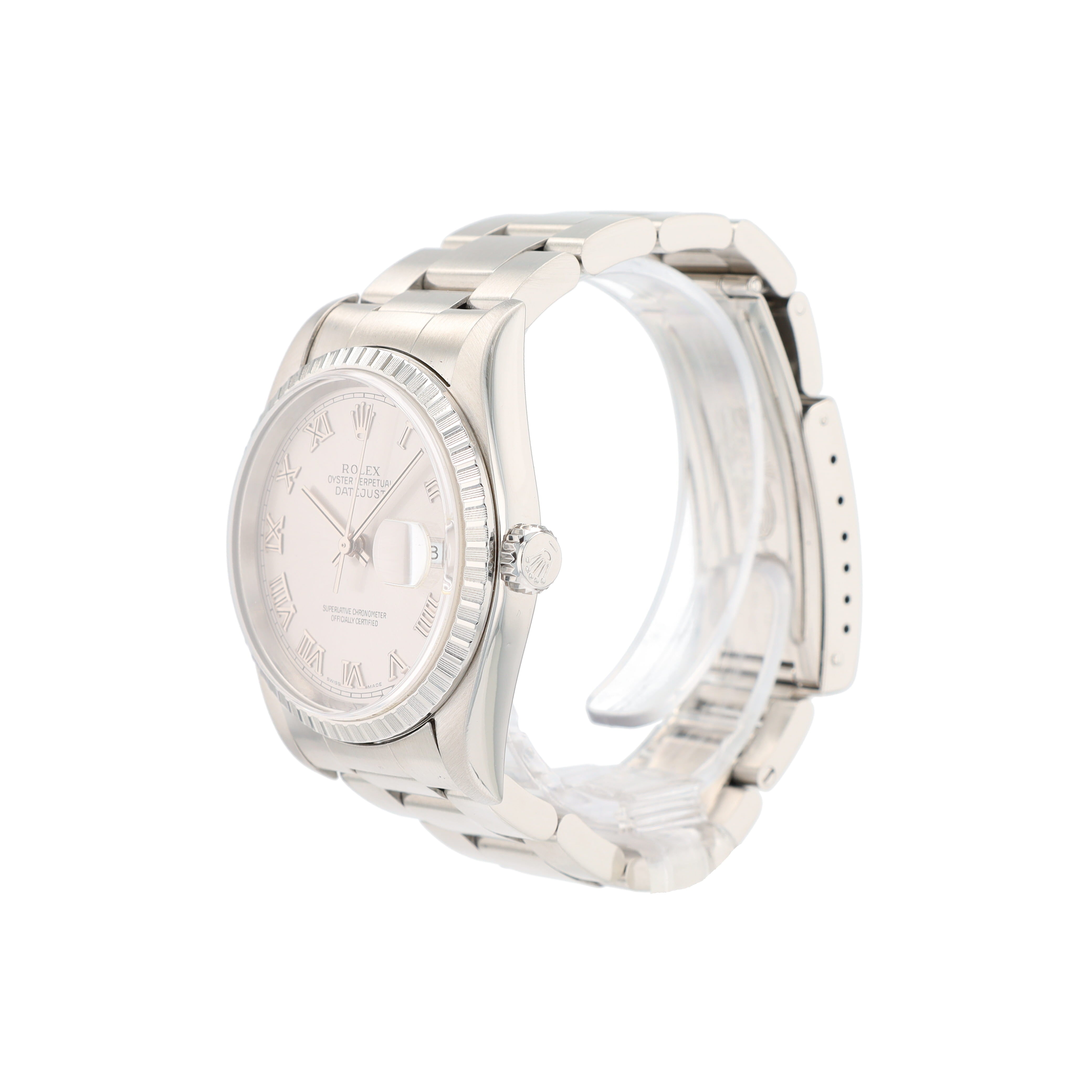 Rolex Datejust 16220 36mm Silver Roman Numeral Dial Engine-Turned Bezel Oyster Band
