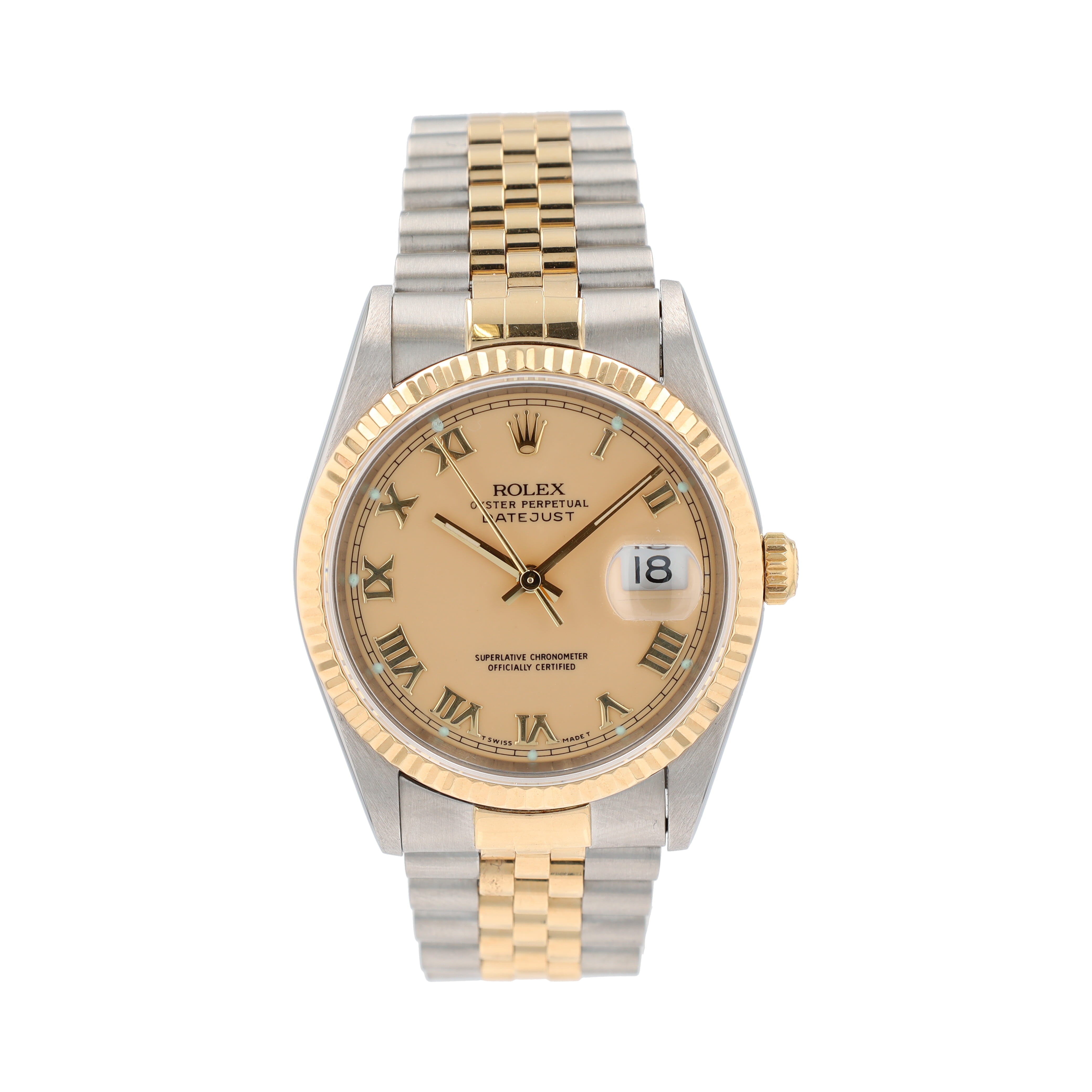 B&P Rolex Datejust 16233 36mm Ivory Roman Numeral Dial Fluted Bezel Jubilee Band - Luxuriant Concierge