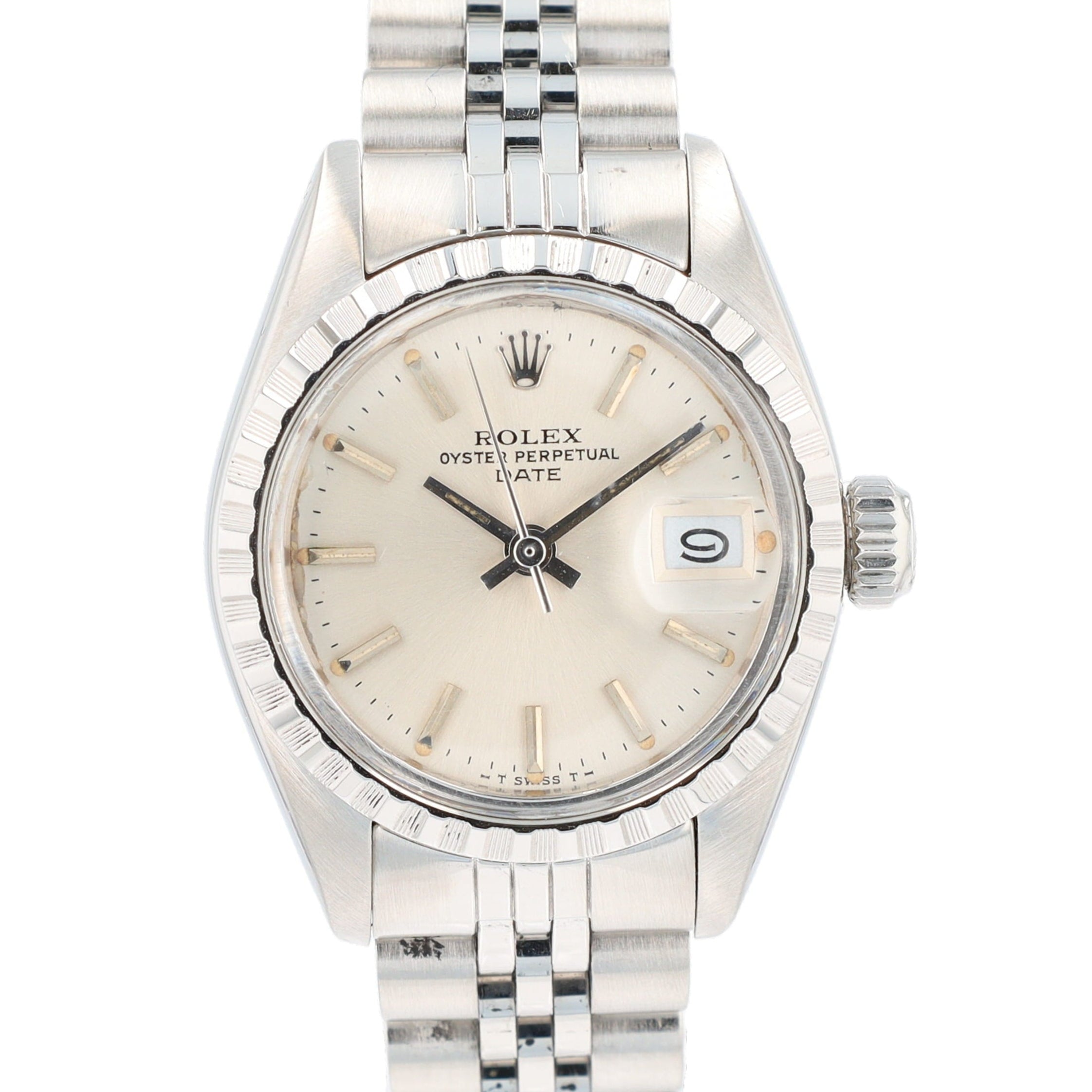 Rolex Date 6924 26mm Silver Index Dial Engine Turned Bezel Jubilee Band - Luxuriant Concierge