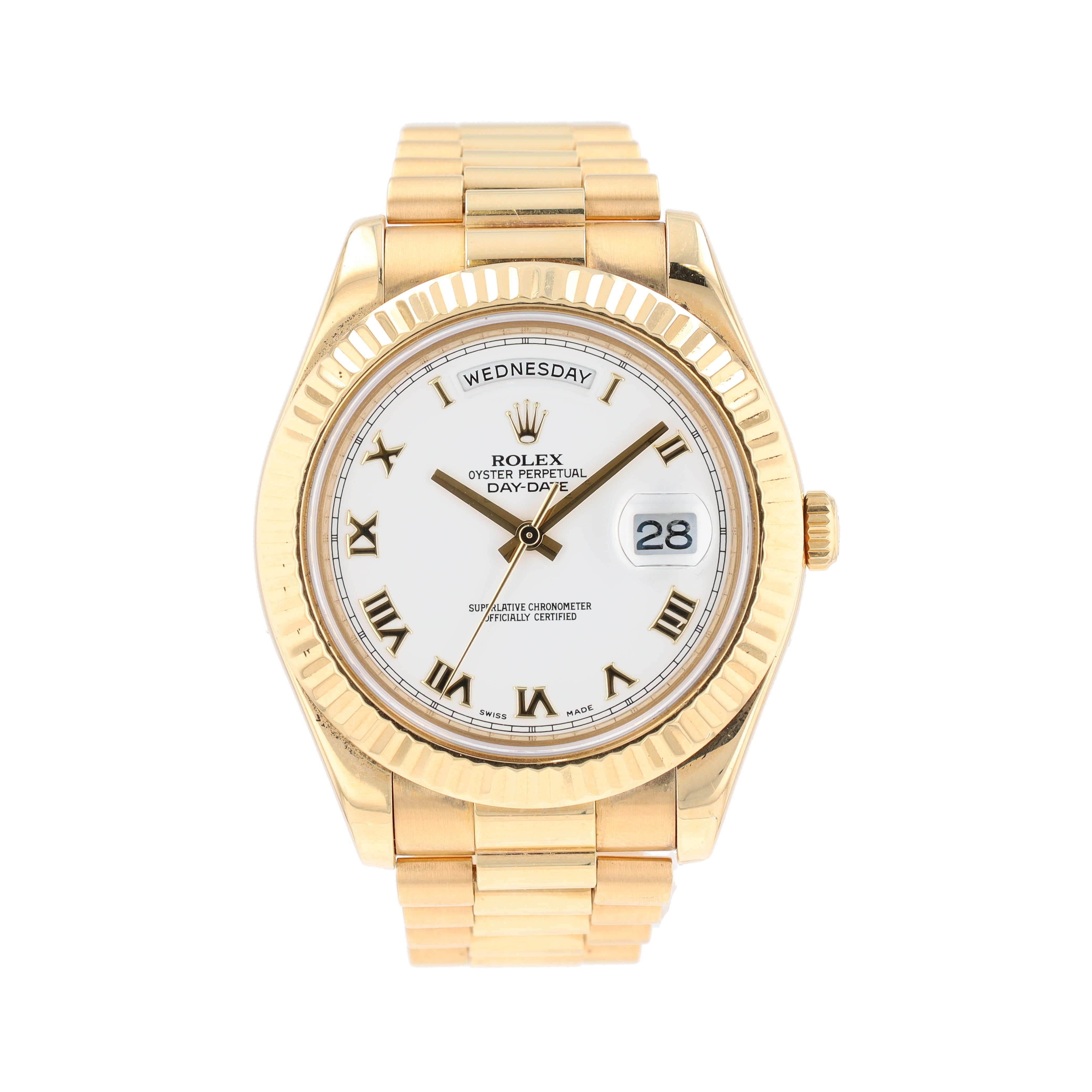 B&P Rolex Day-Date 218238 41mm White Skinny Roman Numeral Dial Fluted Bezel President Band - Luxuriant Concierge