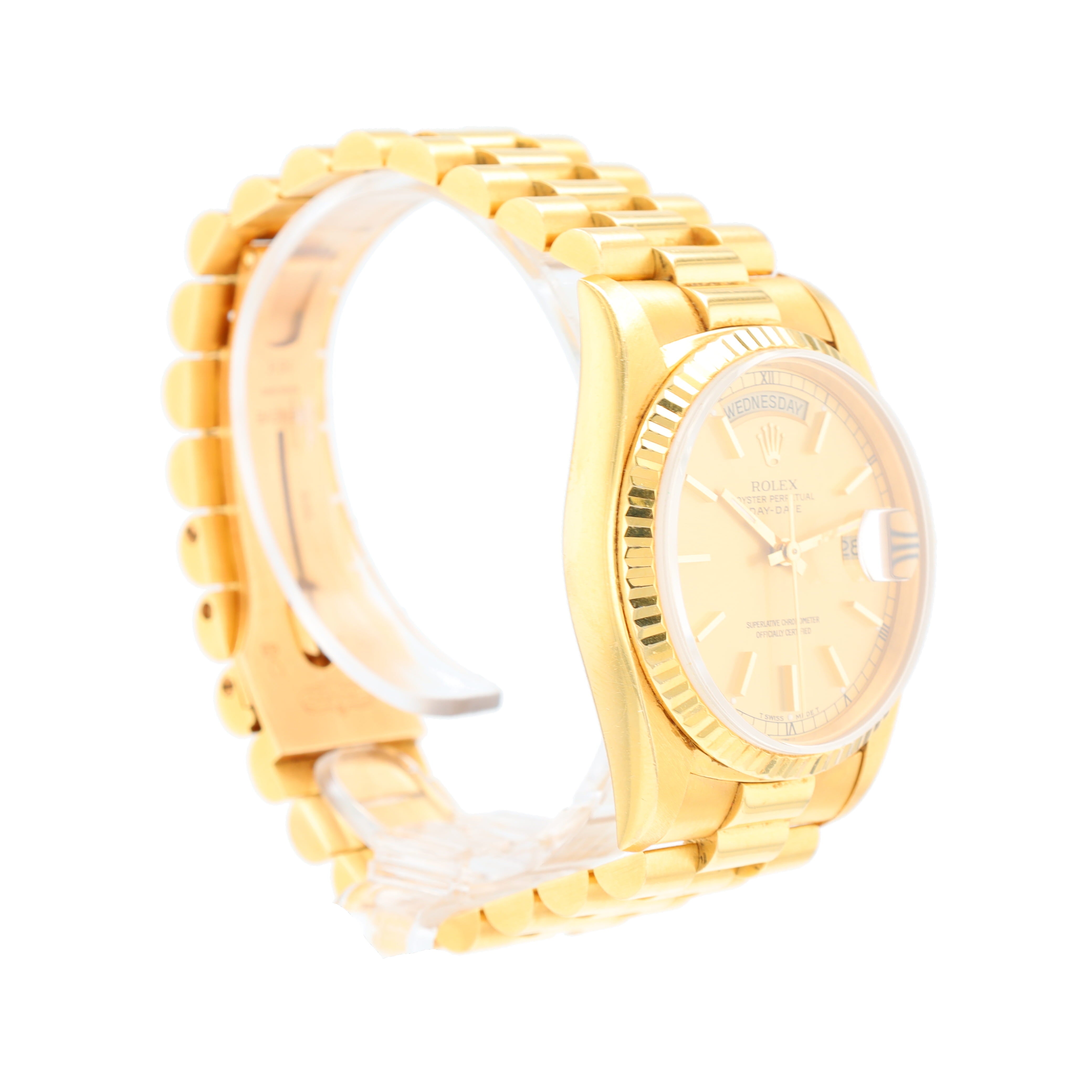 Rolex Day-Date 18238 36mm Champagne Index Dial Fluted Bezel President Band - Luxuriant Concierge