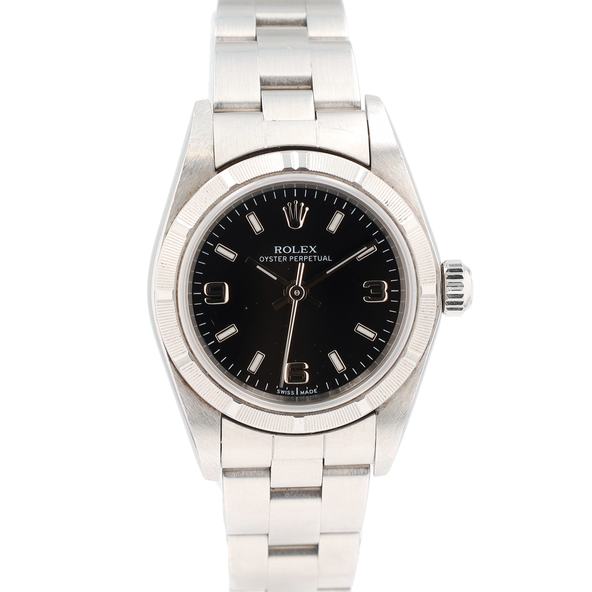 Rolex Oyster Perpetual 76030 25mm Black Index & Arabic Dial Engine-Turned Bezel Oyster Band - Luxuriant Concierge