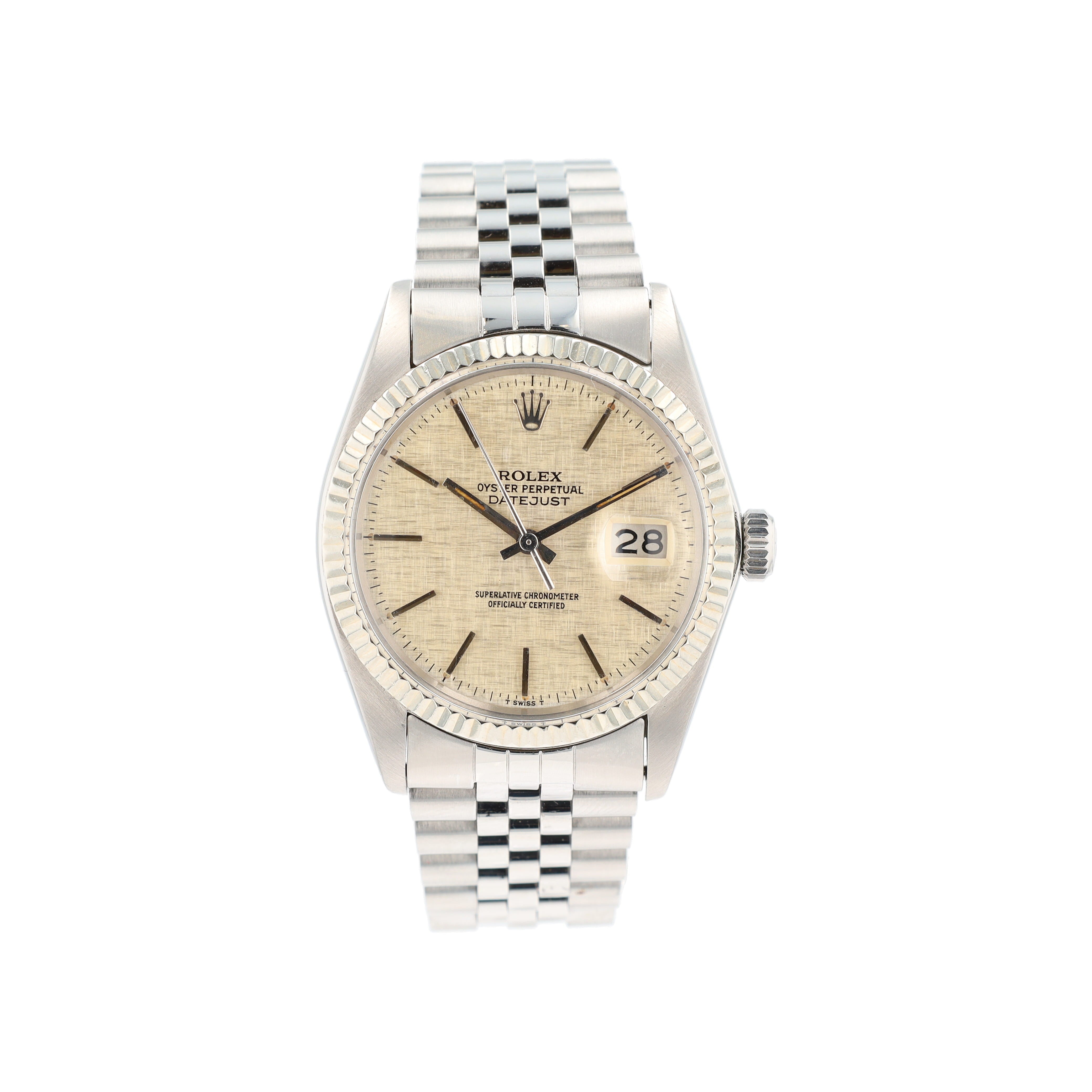 B&P Rolex Datejust 16014 36mm Silver Linen Index Dial Fluted Bezel Jubilee Band - Luxuriant Concierge