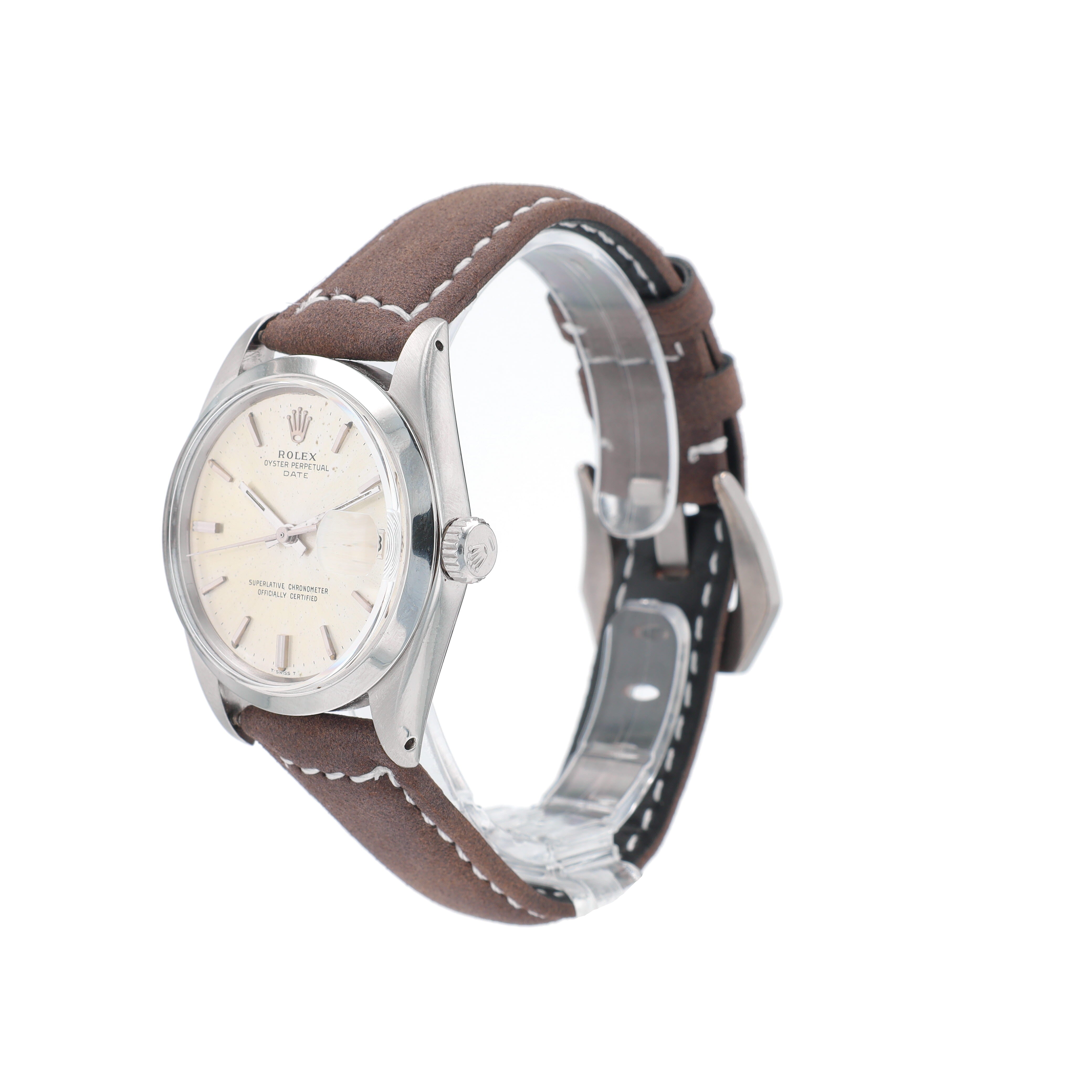 Rolex Date 1500 34mm Silver Index Dial Smooth Bezel Oyster Band - Luxuriant Concierge