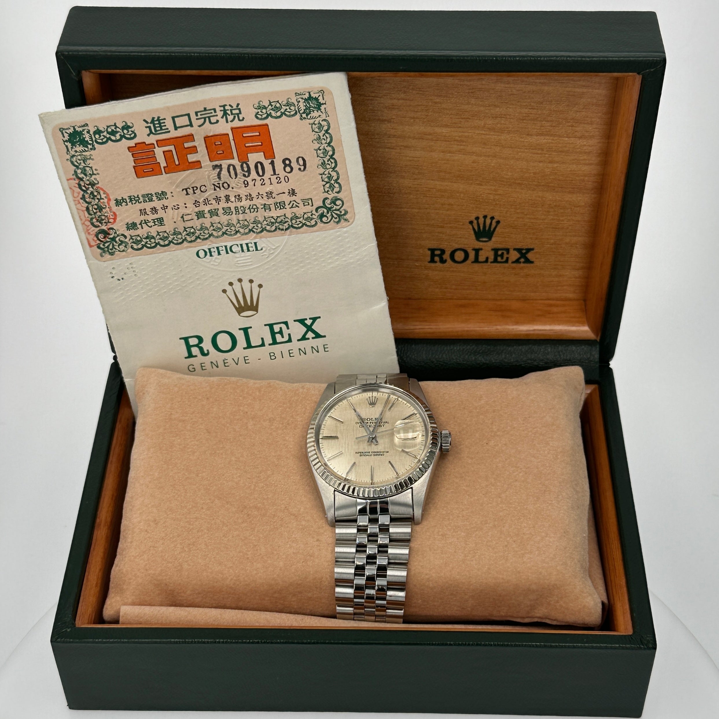 B&P Rolex Datejust 16014 36mm Silver Linen Index Dial Fluted Bezel Jubilee Band - Luxuriant Concierge