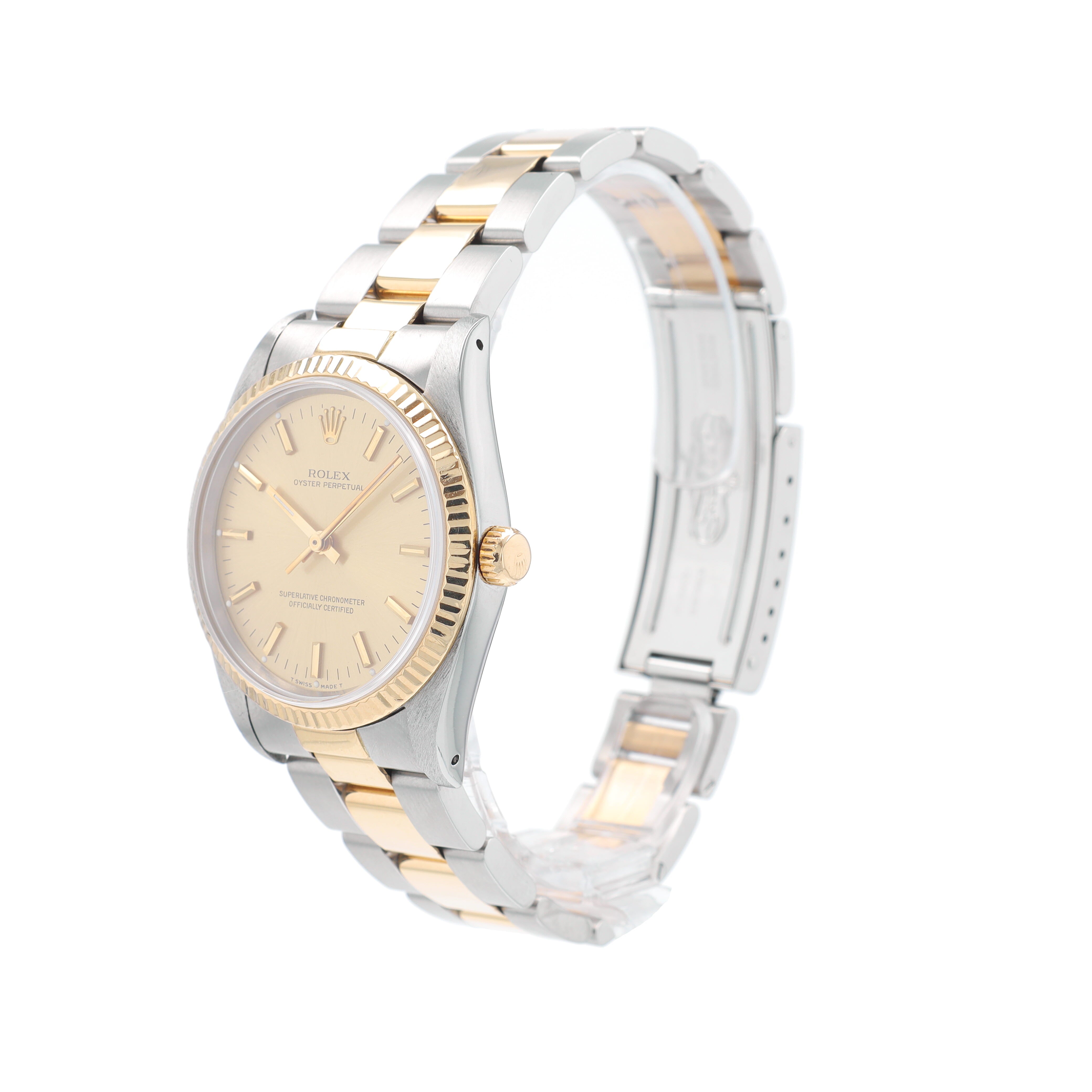 Rolex Oyster Perpetual 14233 34mm Champagne Index Dial Fluted Bezel Band