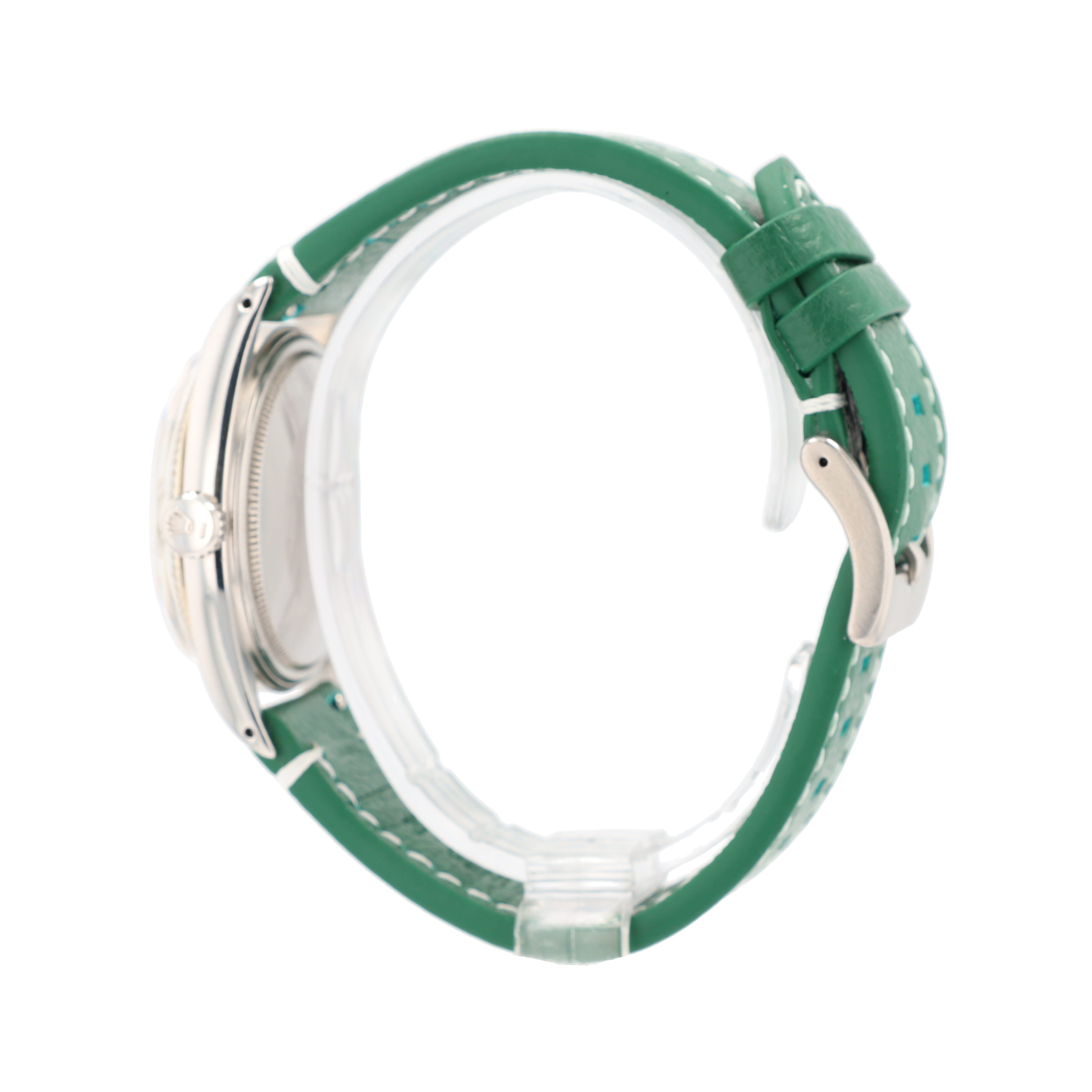 Rolex Datejust 1601 36mm Silver Dauphine 8+2 Pointed Index Dial Fluted Bezel AM Green Leather Band