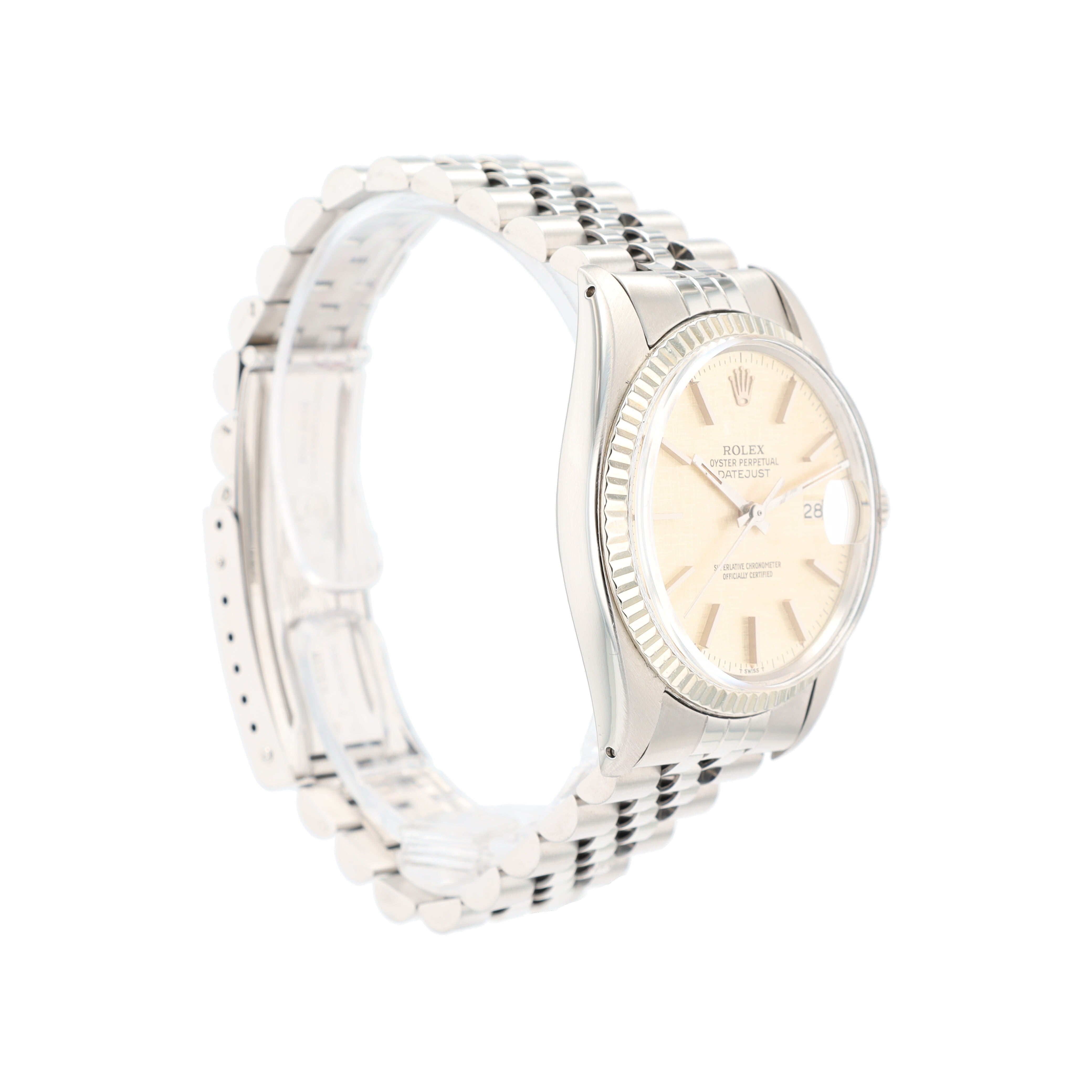 B&P Rolex Datejust 16014 36mm Silver Linen Index Dial Fluted Bezel Jubilee Band - Luxuriant Concierge
