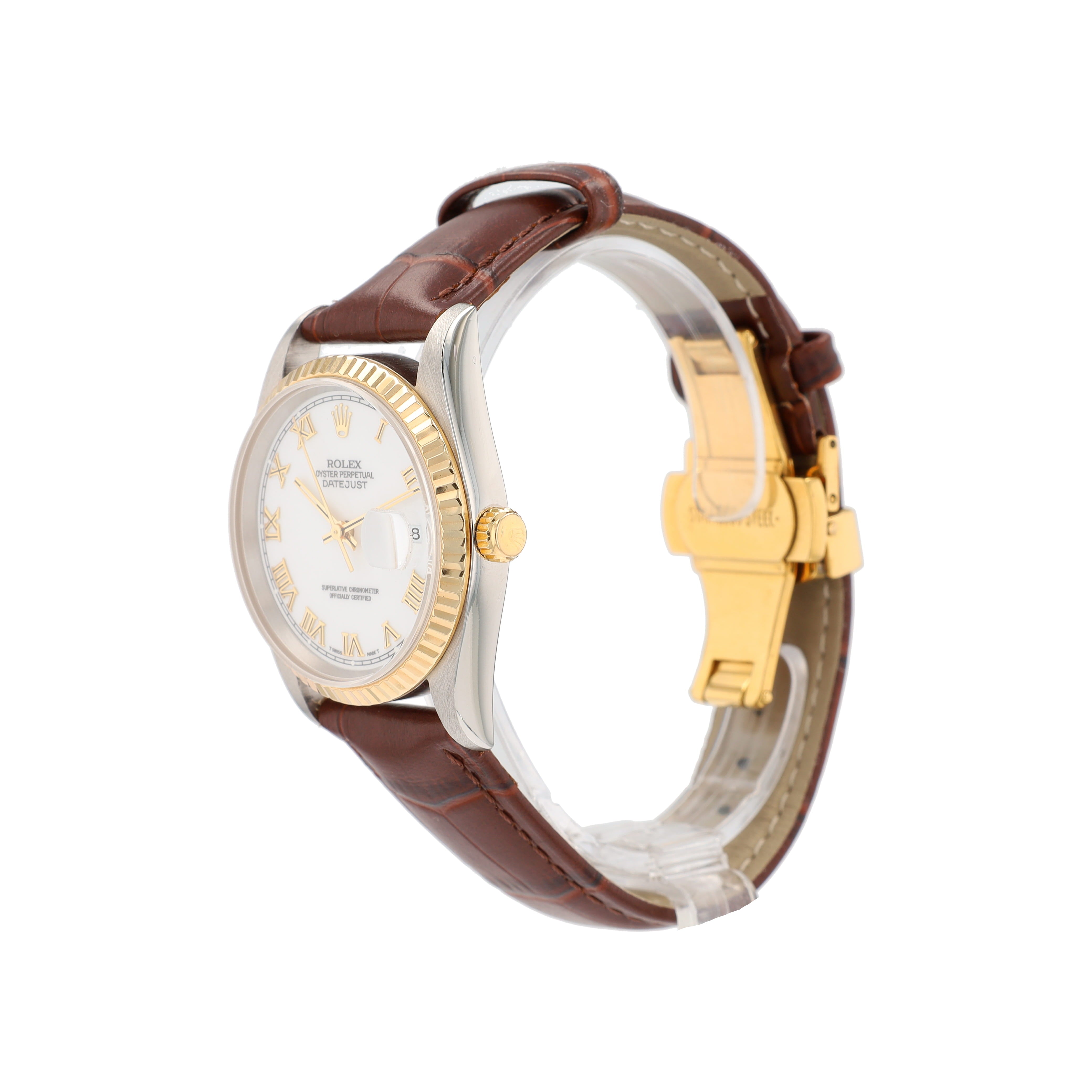Rolex Datejust 16233 36mm White Roman Numeral Dial Fluted Bezel Brown Band