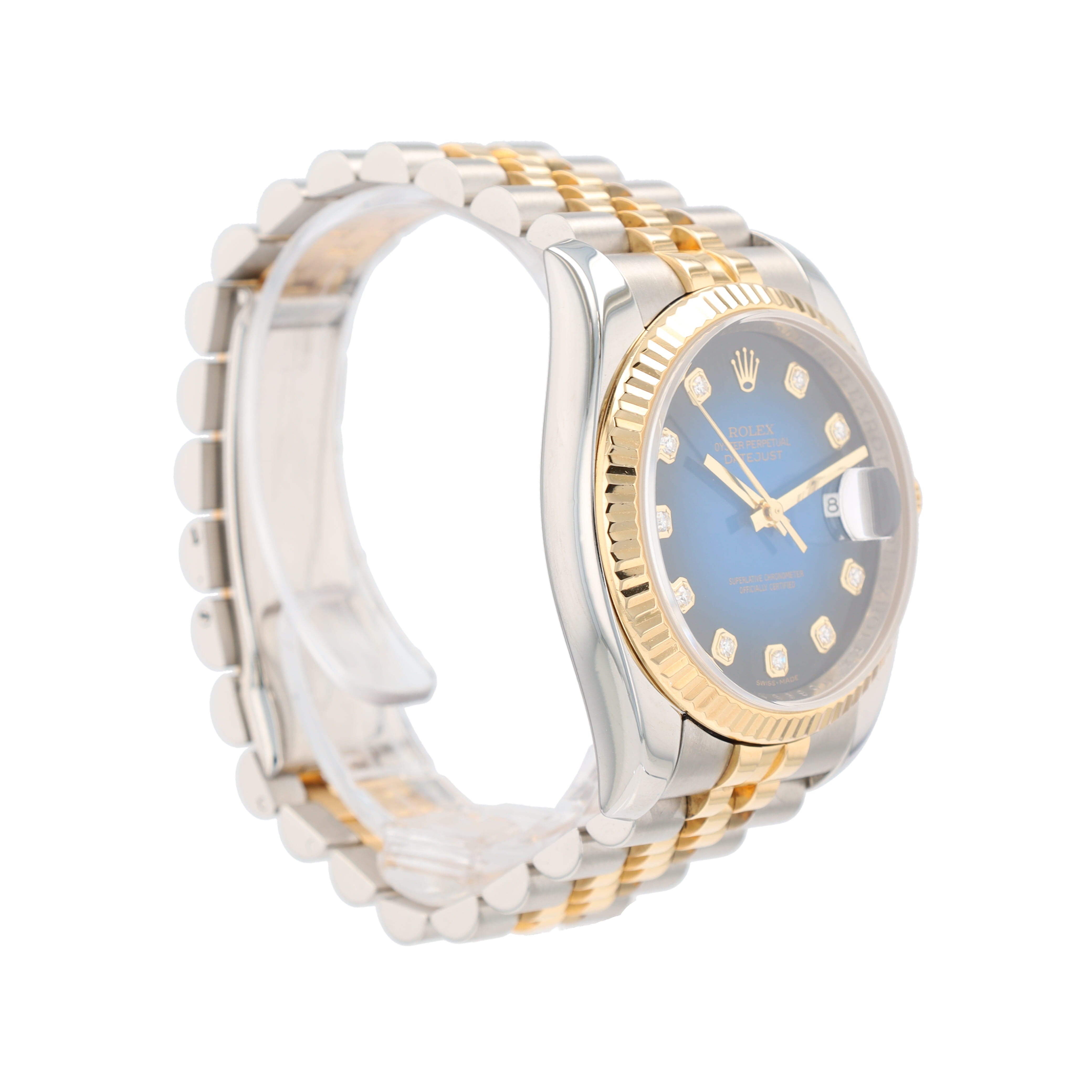 Rolex Datejust 116233 36mm Blue Vignette Diamond Dial Fluted Bezel Jubilee Band