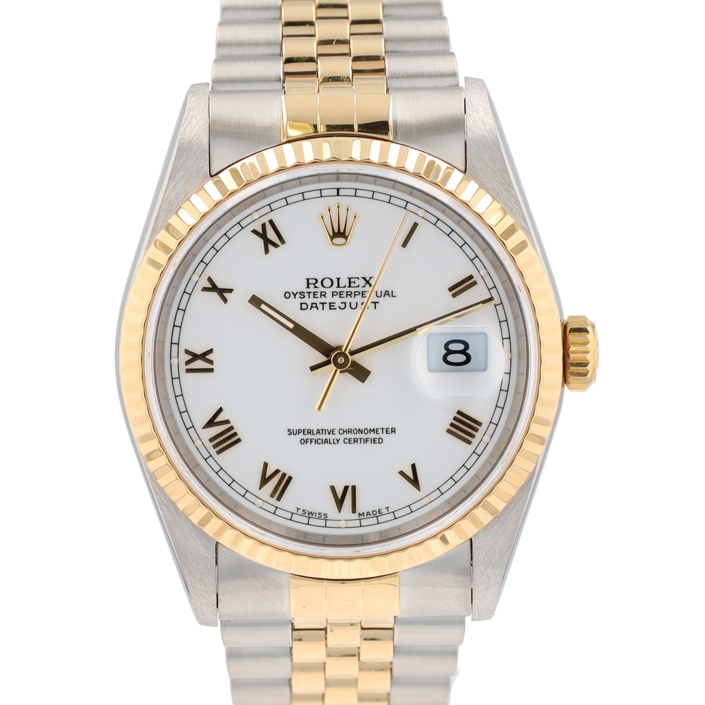 Rolex Datejust 16233 36mm White Roman Numeral (Skinny) Dial Fluted Bezel Jubilee Band - Luxuriant Concierge