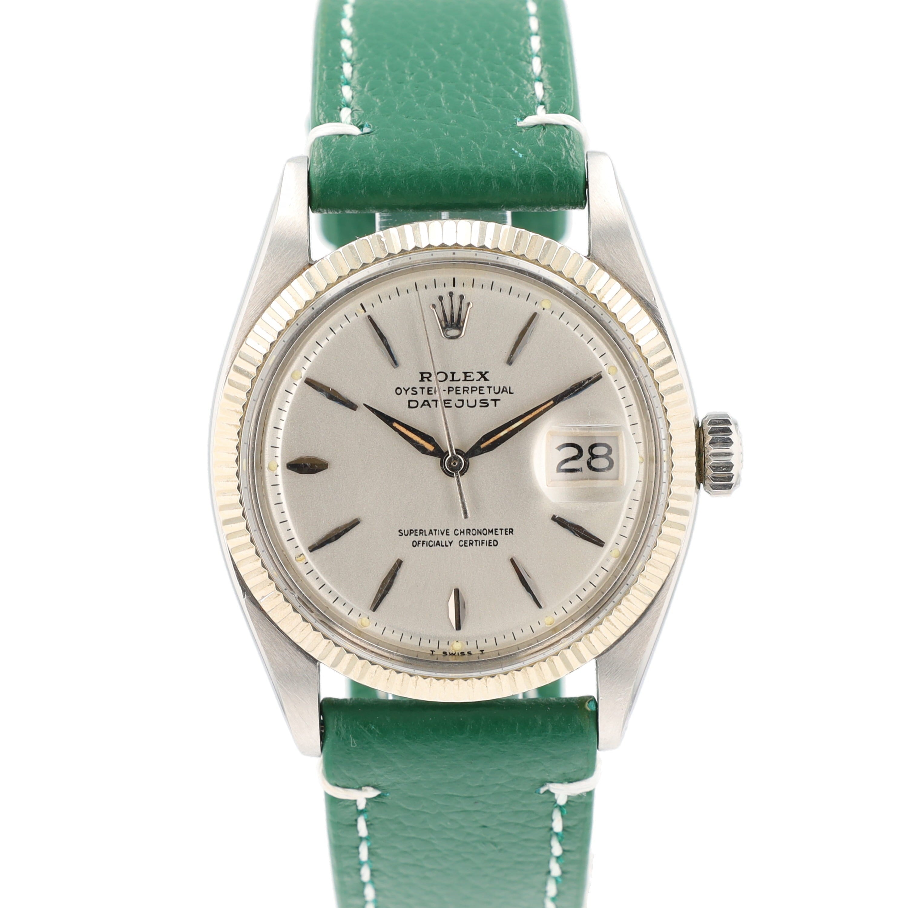Rolex Datejust 1601 36mm Silver Dauphine 8+2 Pointed Index Dial Fluted Bezel AM Green Leather Band - Luxuriant Concierge