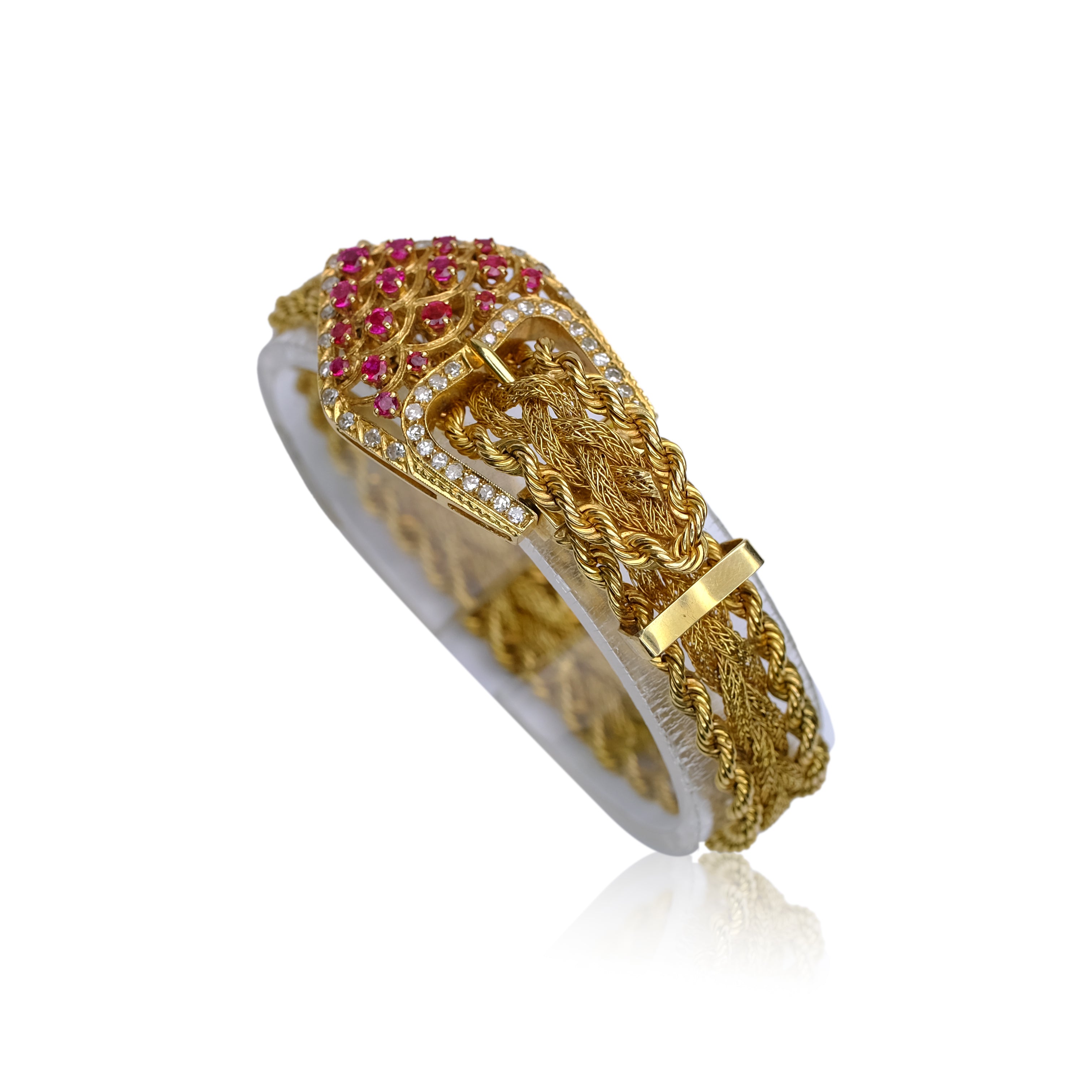 VINTAGE 14K YELLOW GOLD BELT BRACELET WITH GENUINE DIAMONDS AND RUBY - Luxuriant Concierge